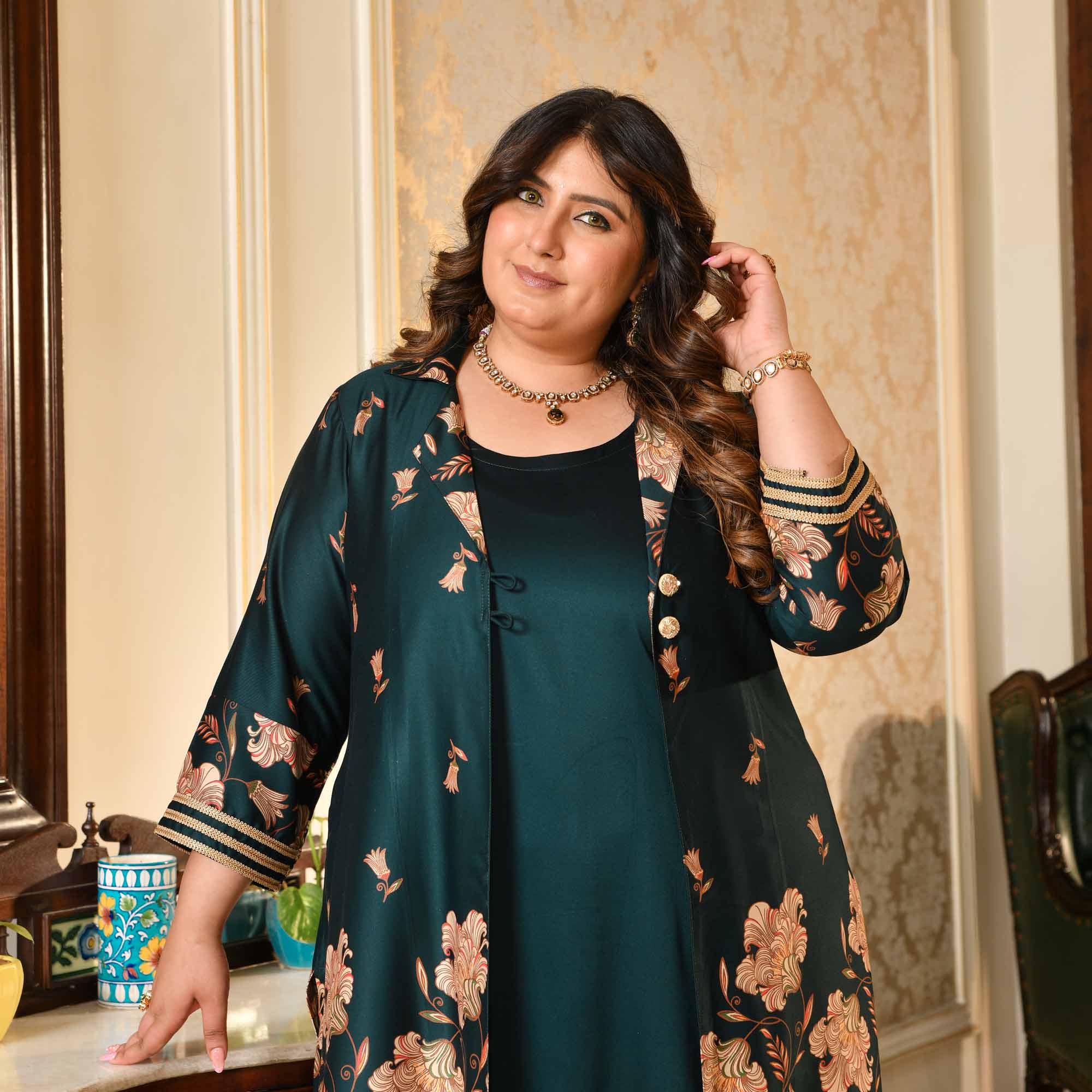 Sabarmati- Peacock Blue Pure Gaji Silk Floral Cape Set