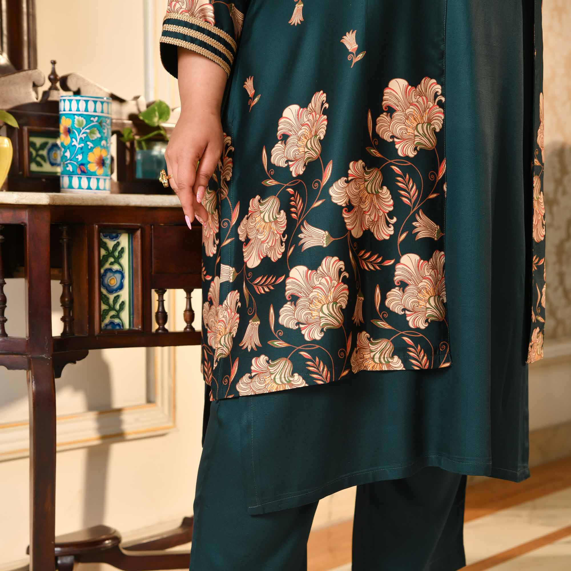 Sabarmati- Peacock Blue Pure Gaji Silk Floral Cape Set