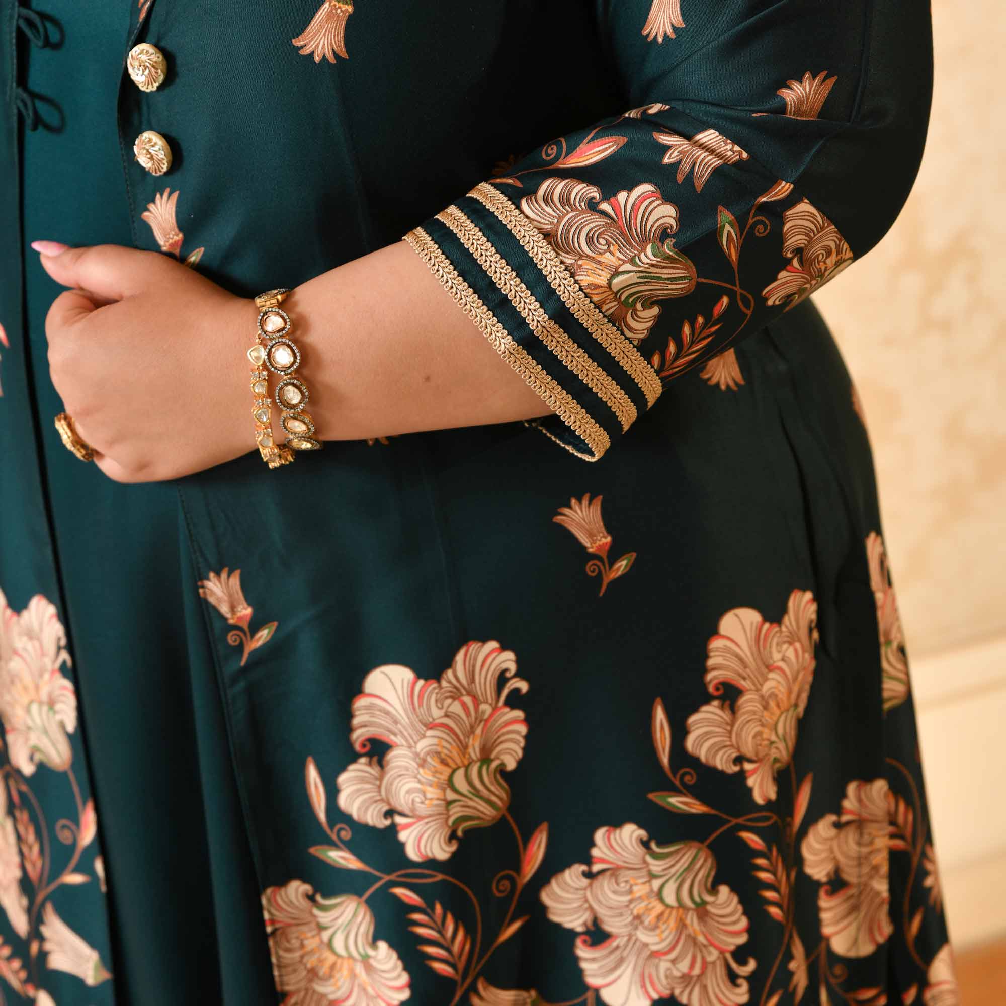 Sabarmati- Peacock Blue Pure Gaji Silk Floral Cape Set