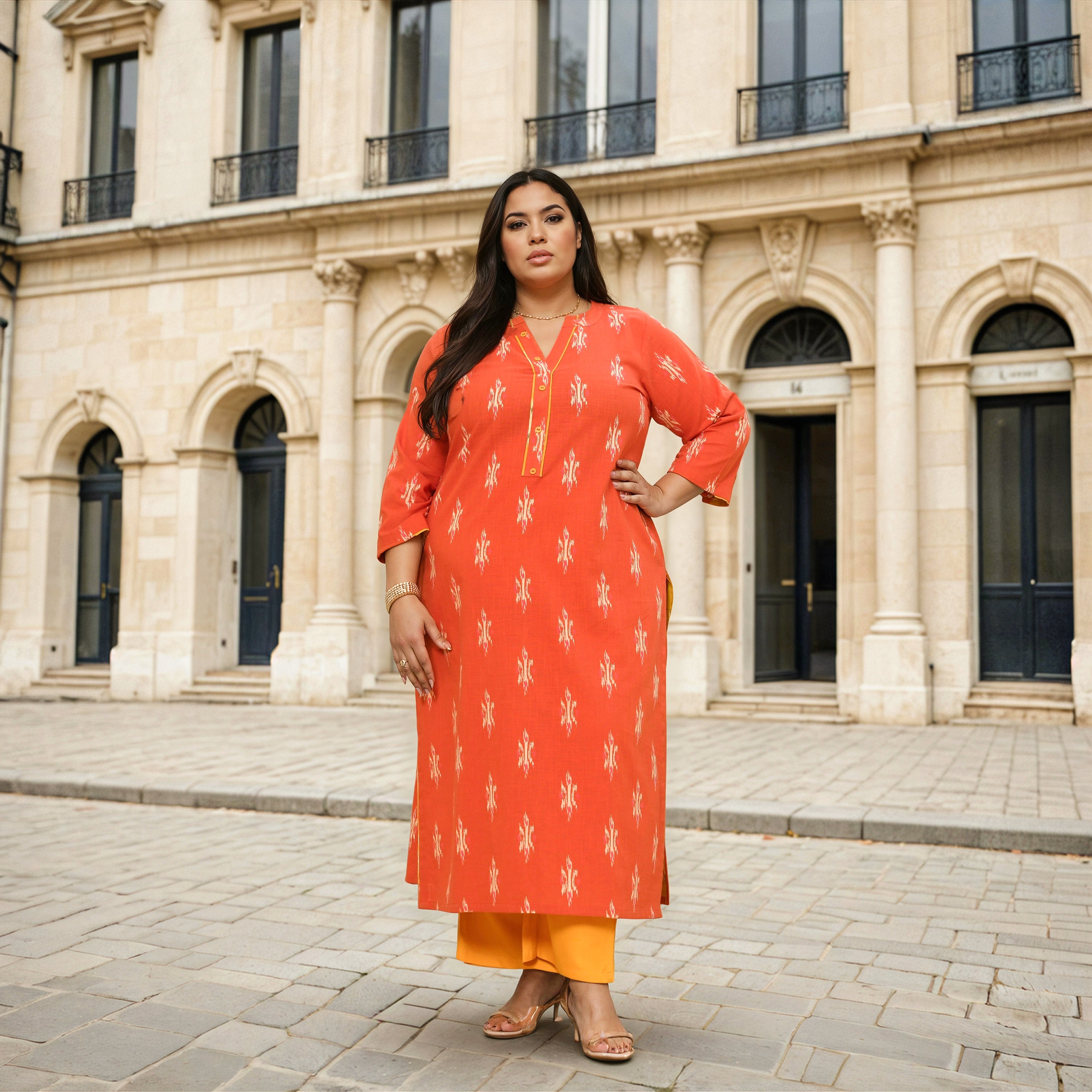 Pumpkin Bliss- Rust Orange Ikkat Printed Pure Cotton Kurta