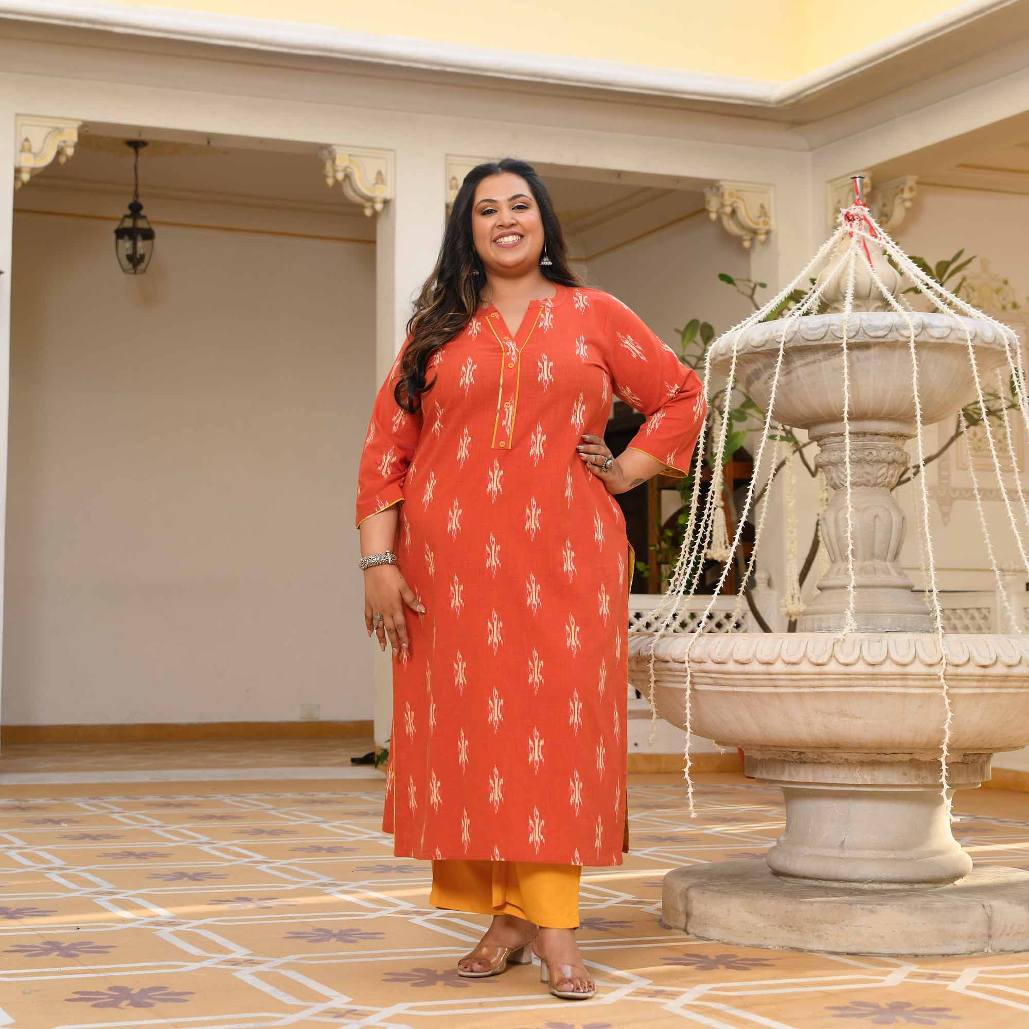 Pumpkin Bliss- Rust Orange Ikkat Printed Pure Cotton Kurta