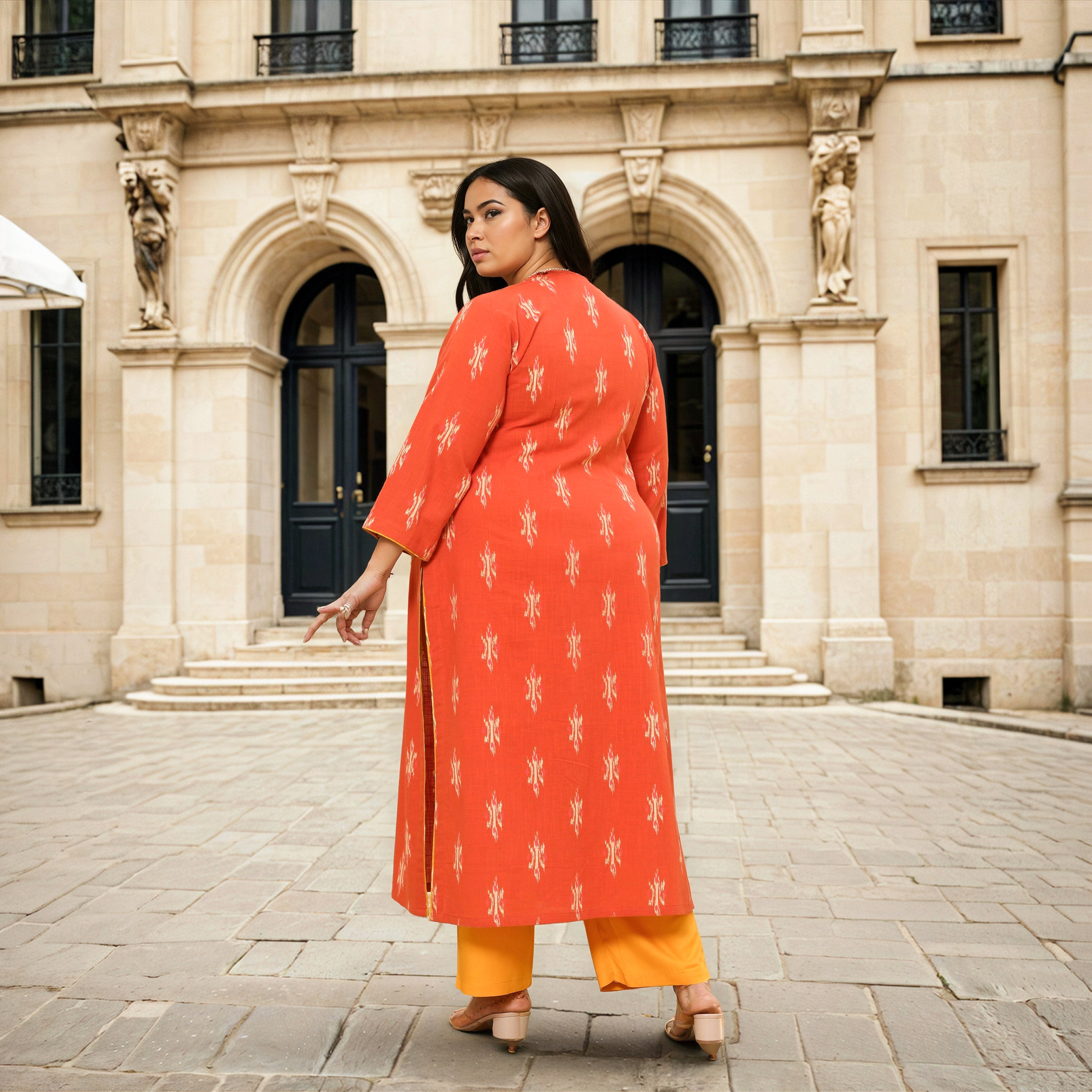 Pumpkin Bliss- Rust Orange Ikkat Printed Pure Cotton Kurta