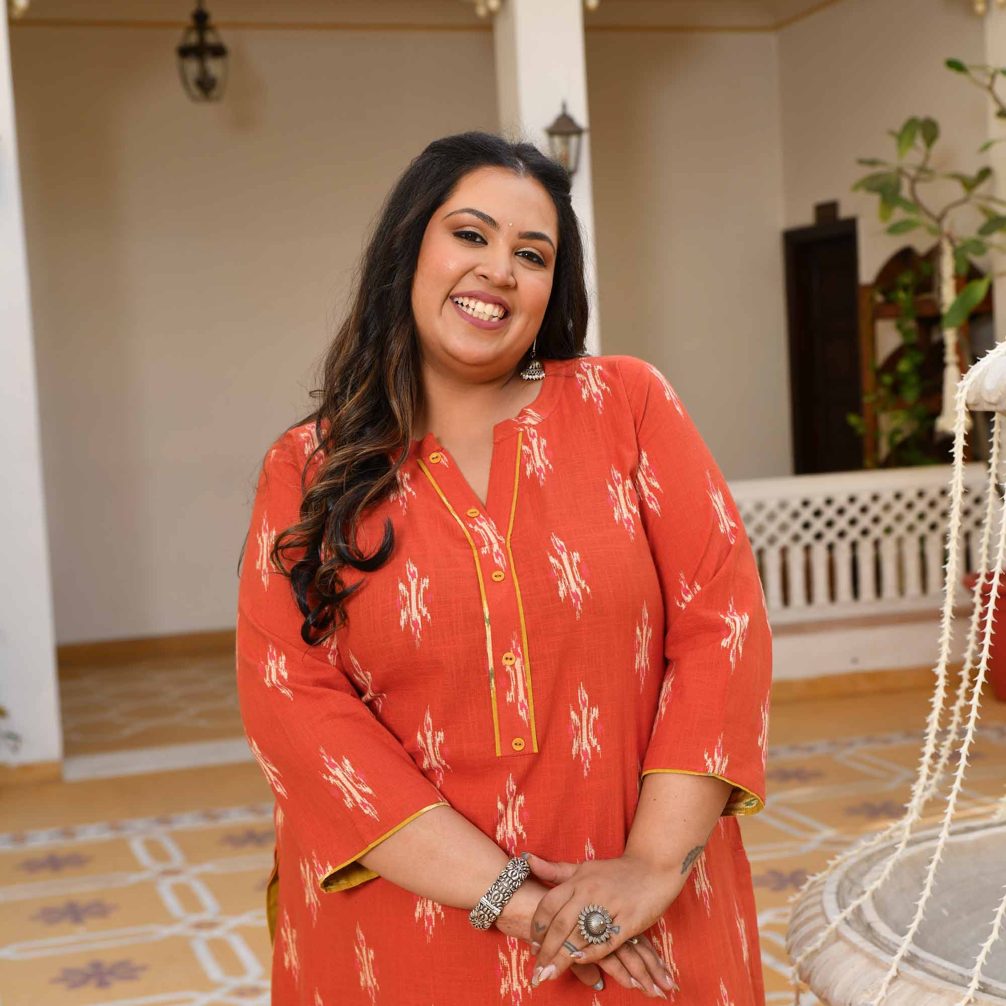 Pumpkin Bliss- Rust Orange Ikkat Printed Pure Cotton Kurta