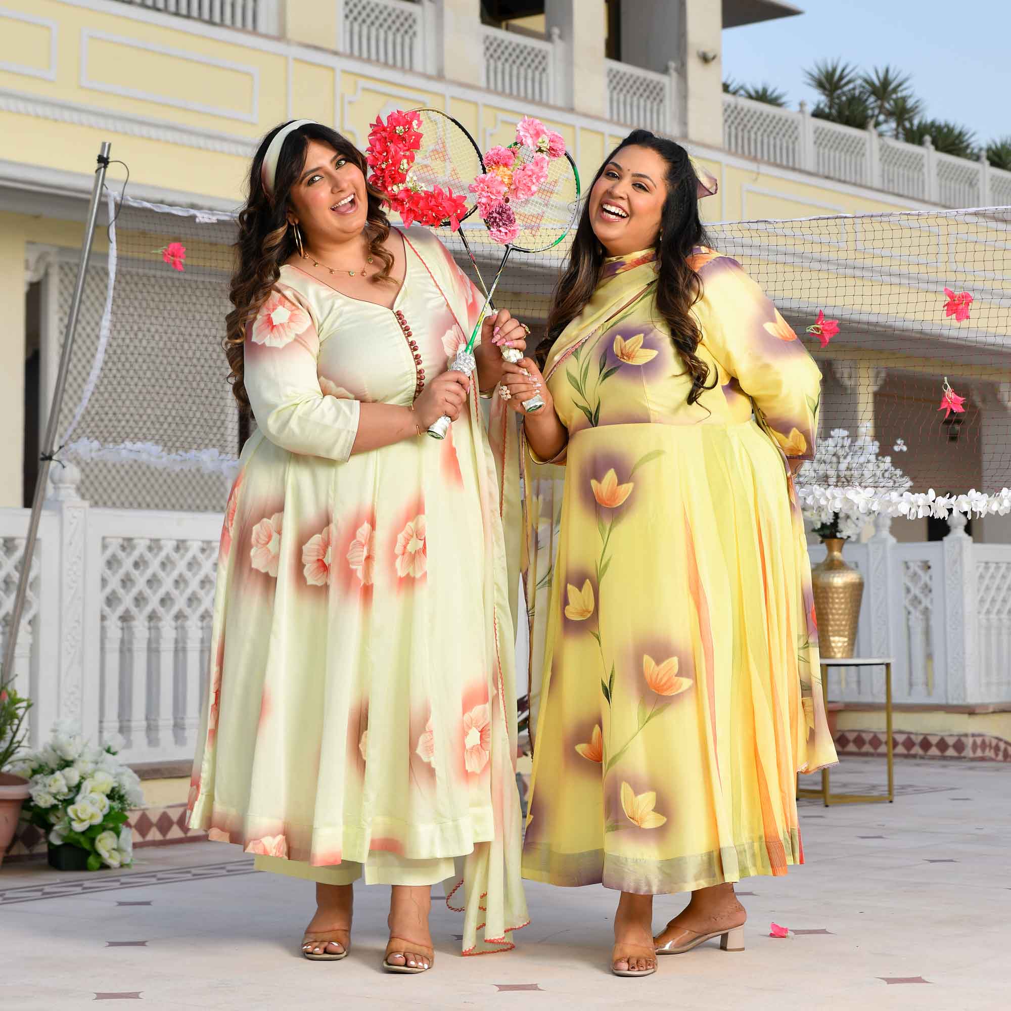 Lemon Chiffon Floral Hand Painted Crepe Chiffon Blend Anarkali Set