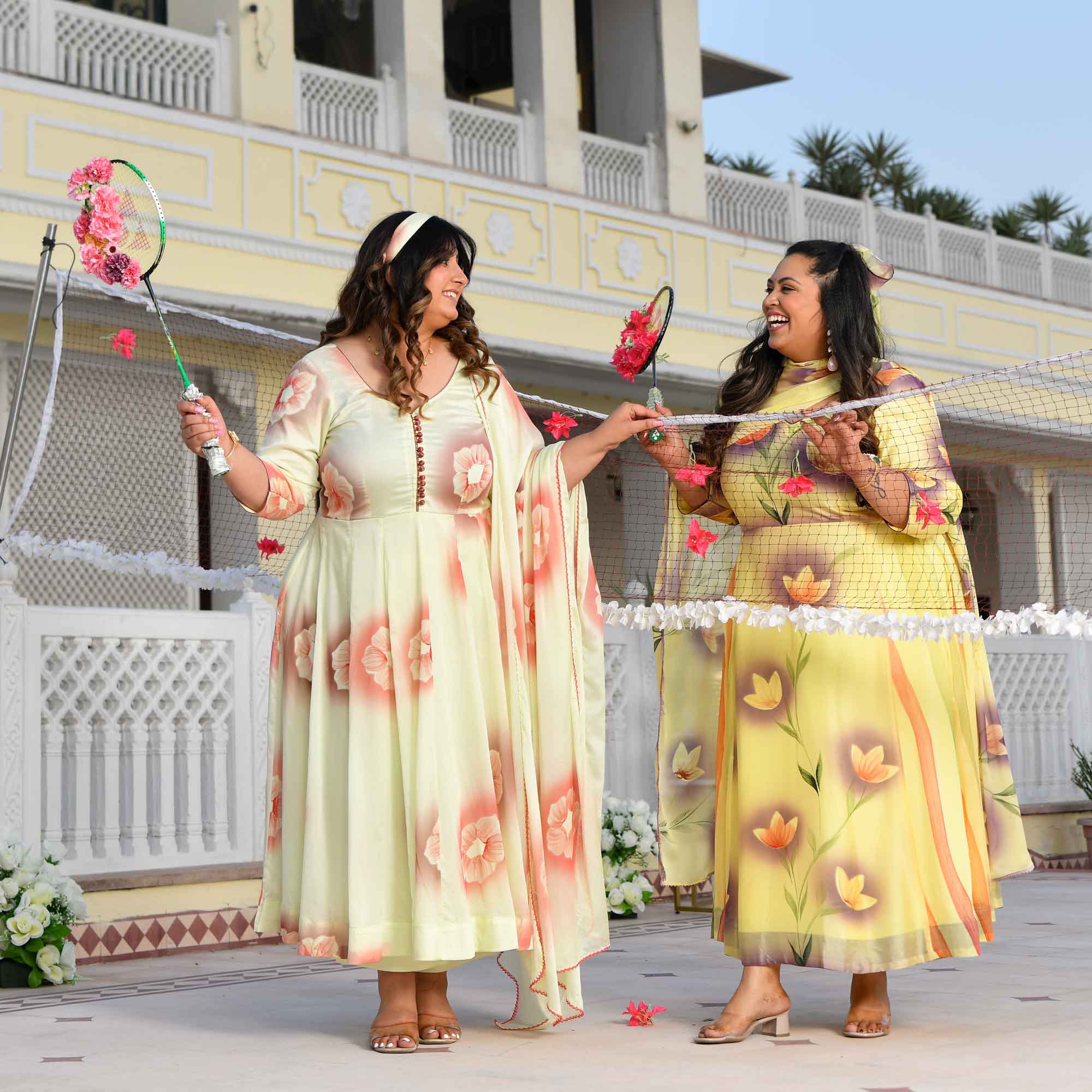 Lemon Chiffon Floral Hand Painted Crepe Chiffon Blend Anarkali Set