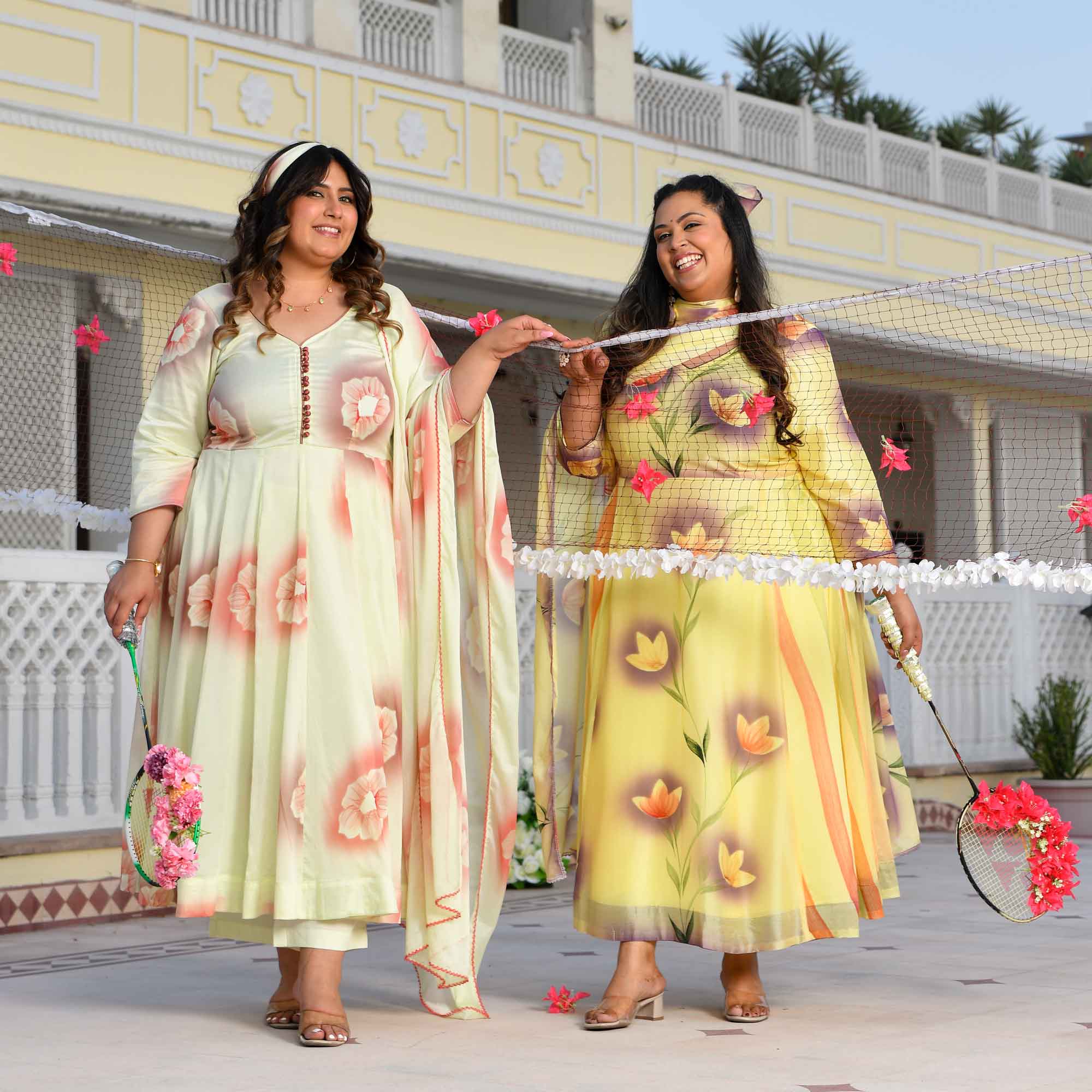 Lemon Chiffon Floral Hand Painted Crepe Chiffon Blend Anarkali Set
