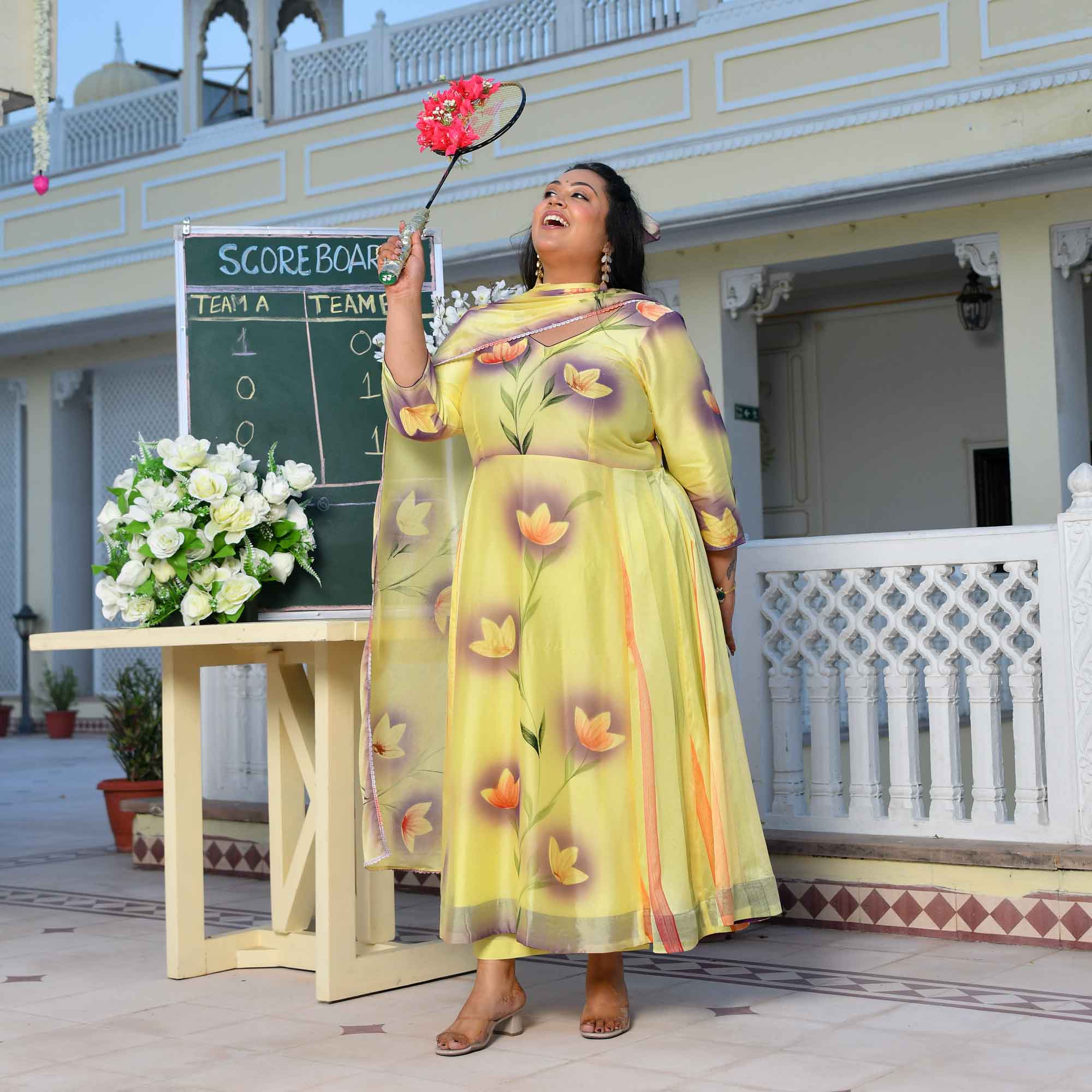 Butter Yellow Floral Hand Painted Crepe Chiffon Blend Anarkali Set