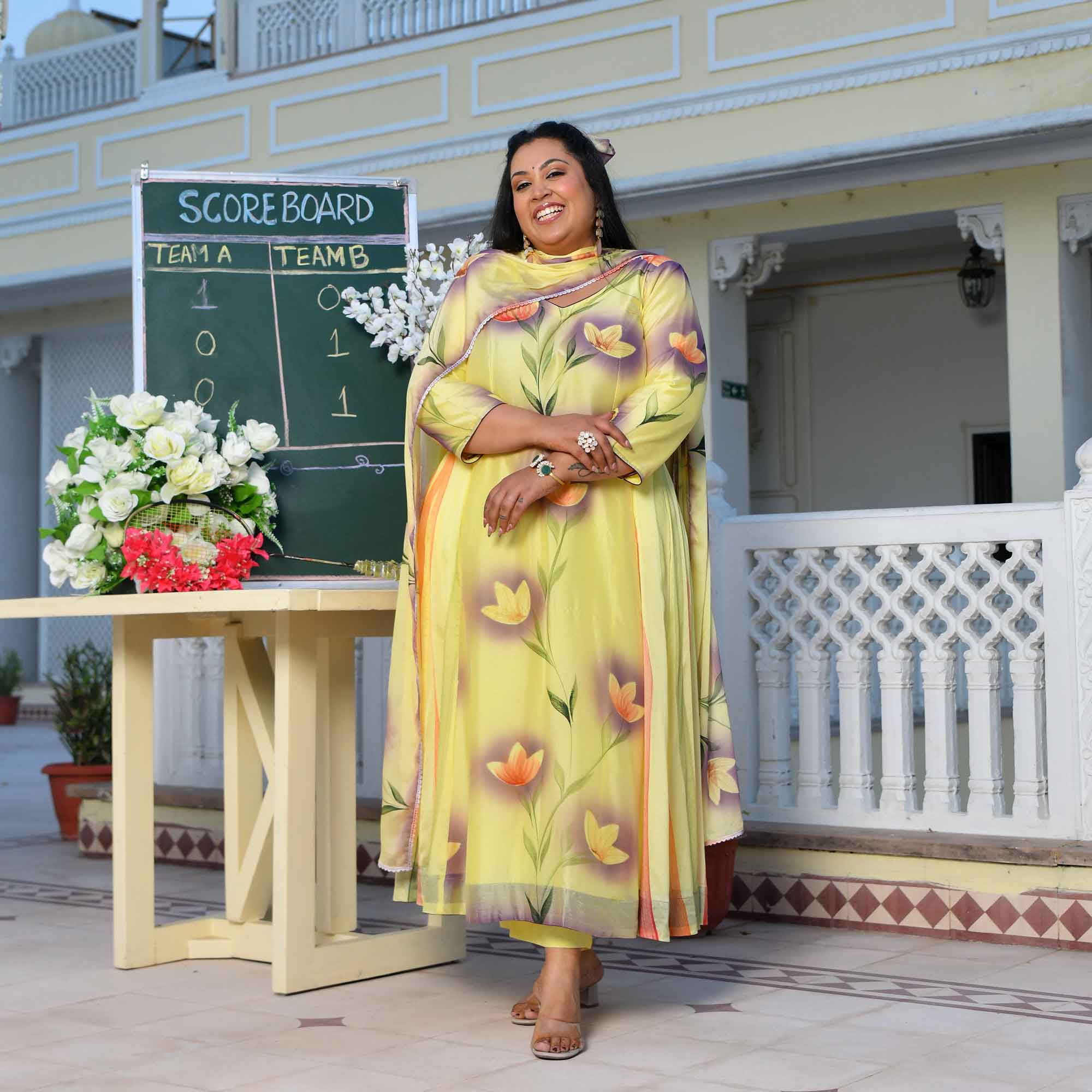 Butter Yellow Floral Hand Painted Crepe Chiffon Blend Anarkali Set