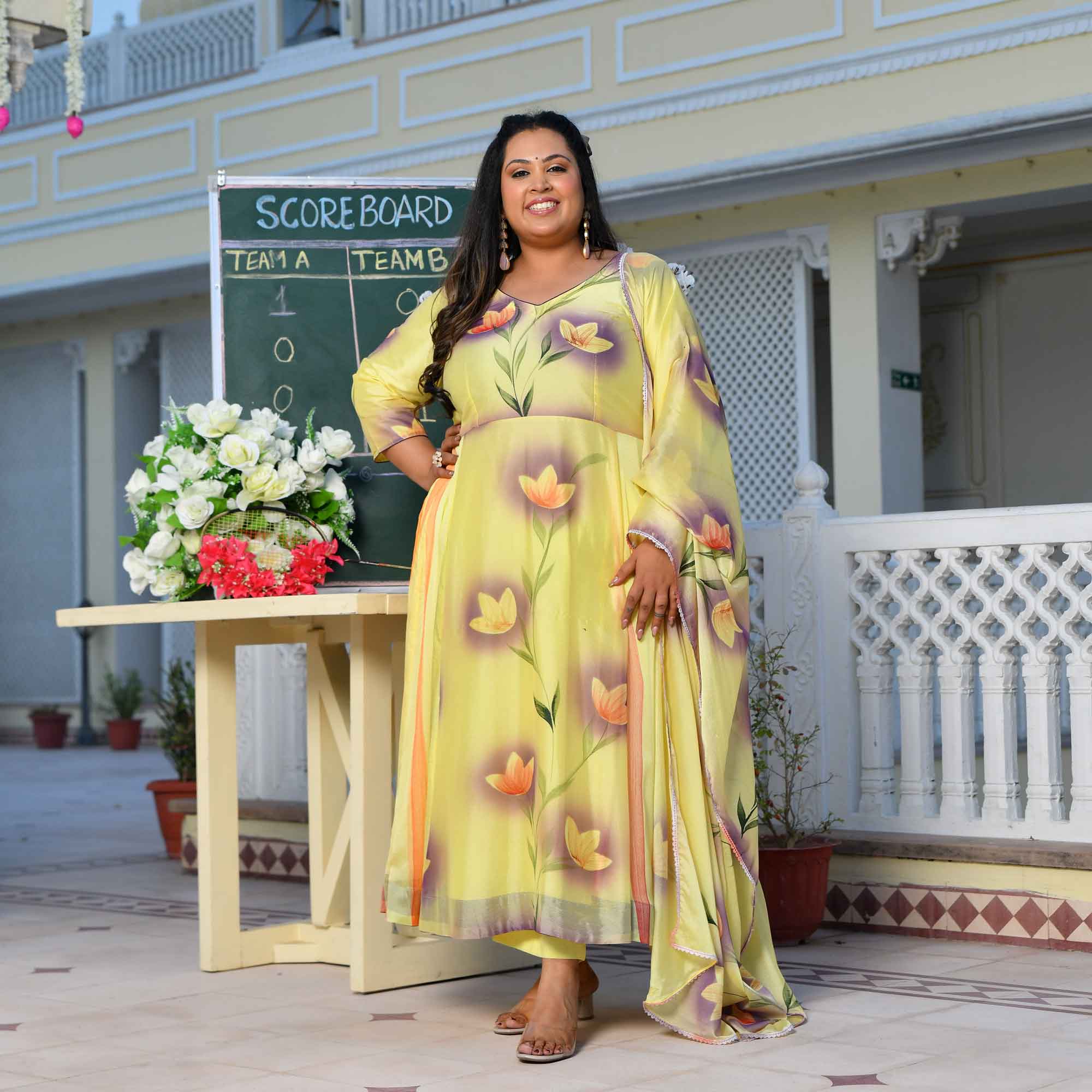 Butter Yellow Floral Hand Painted Crepe Chiffon Blend Anarkali Set