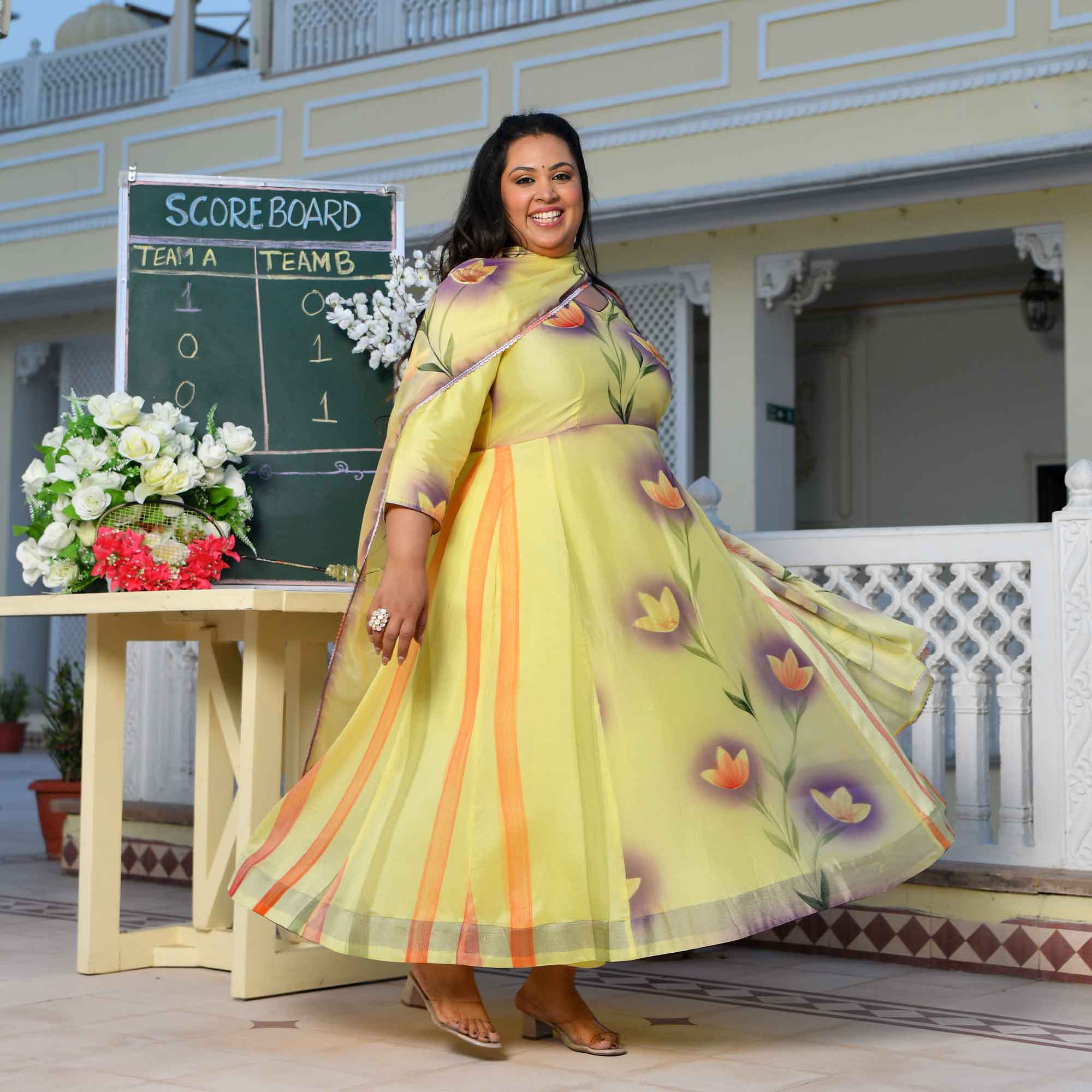 Butter Yellow Floral Hand Painted Crepe Chiffon Blend Anarkali Set
