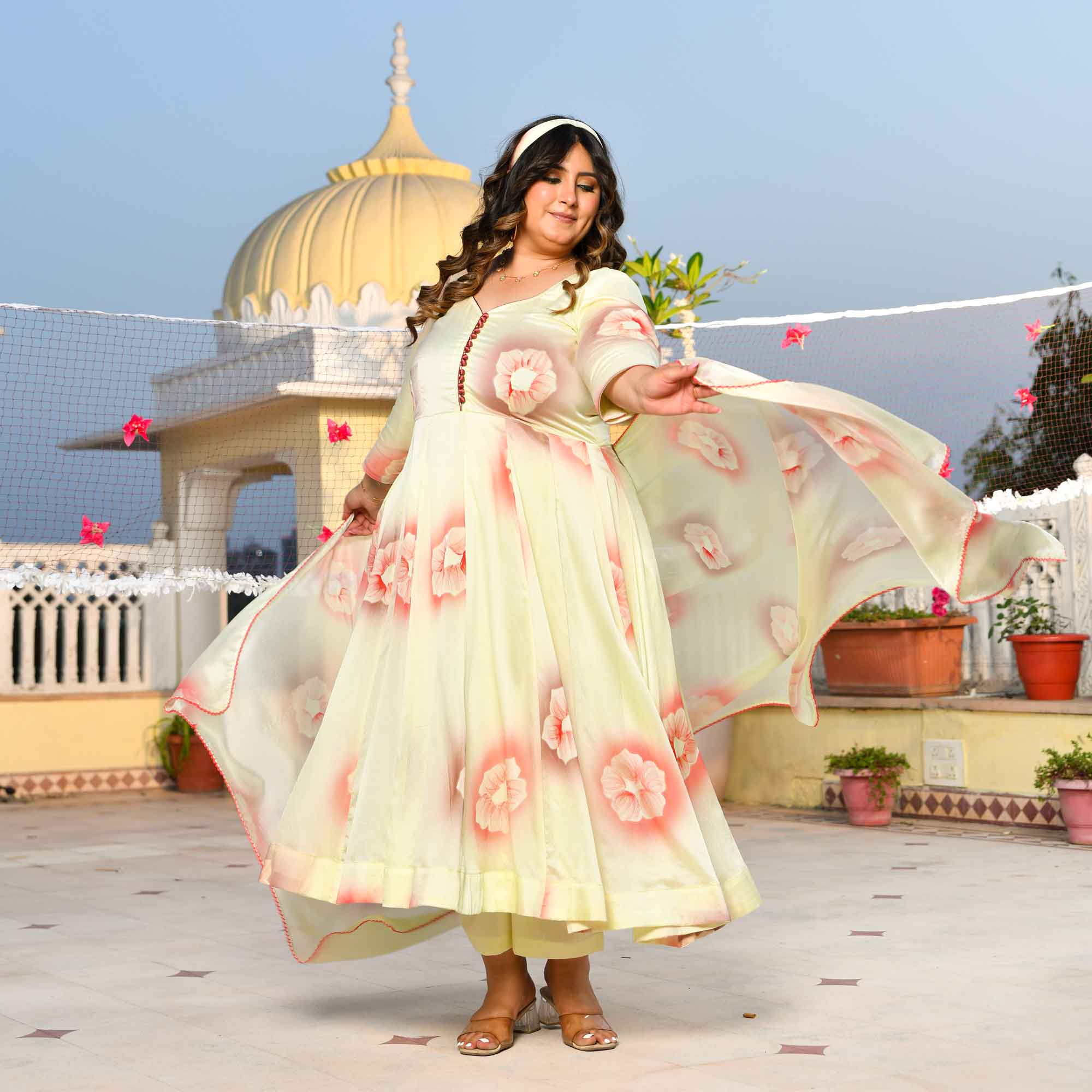 Lemon Chiffon Floral Hand Painted Crepe Chiffon Blend Anarkali Set