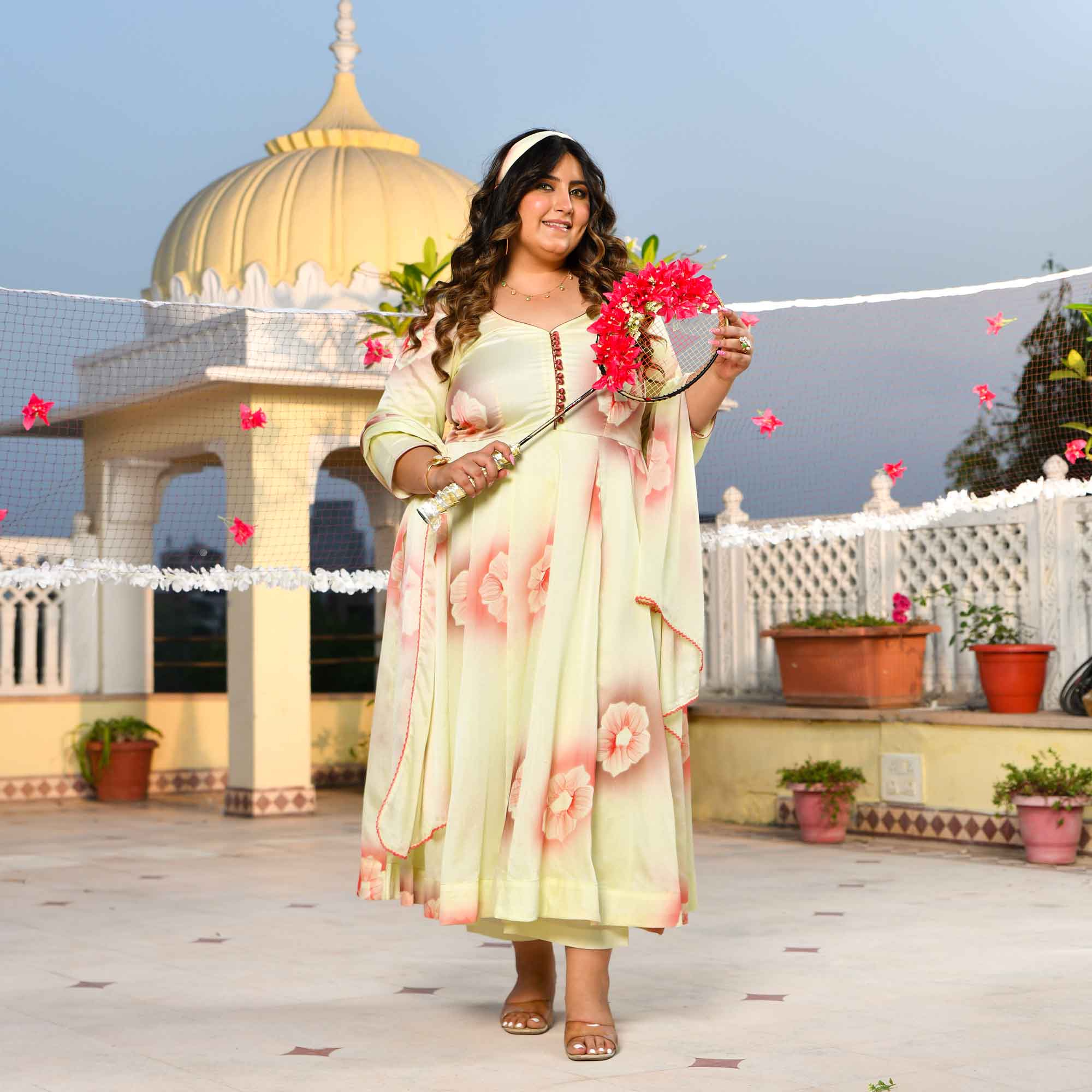 Lemon Chiffon Floral Hand Painted Crepe Chiffon Blend Anarkali Set