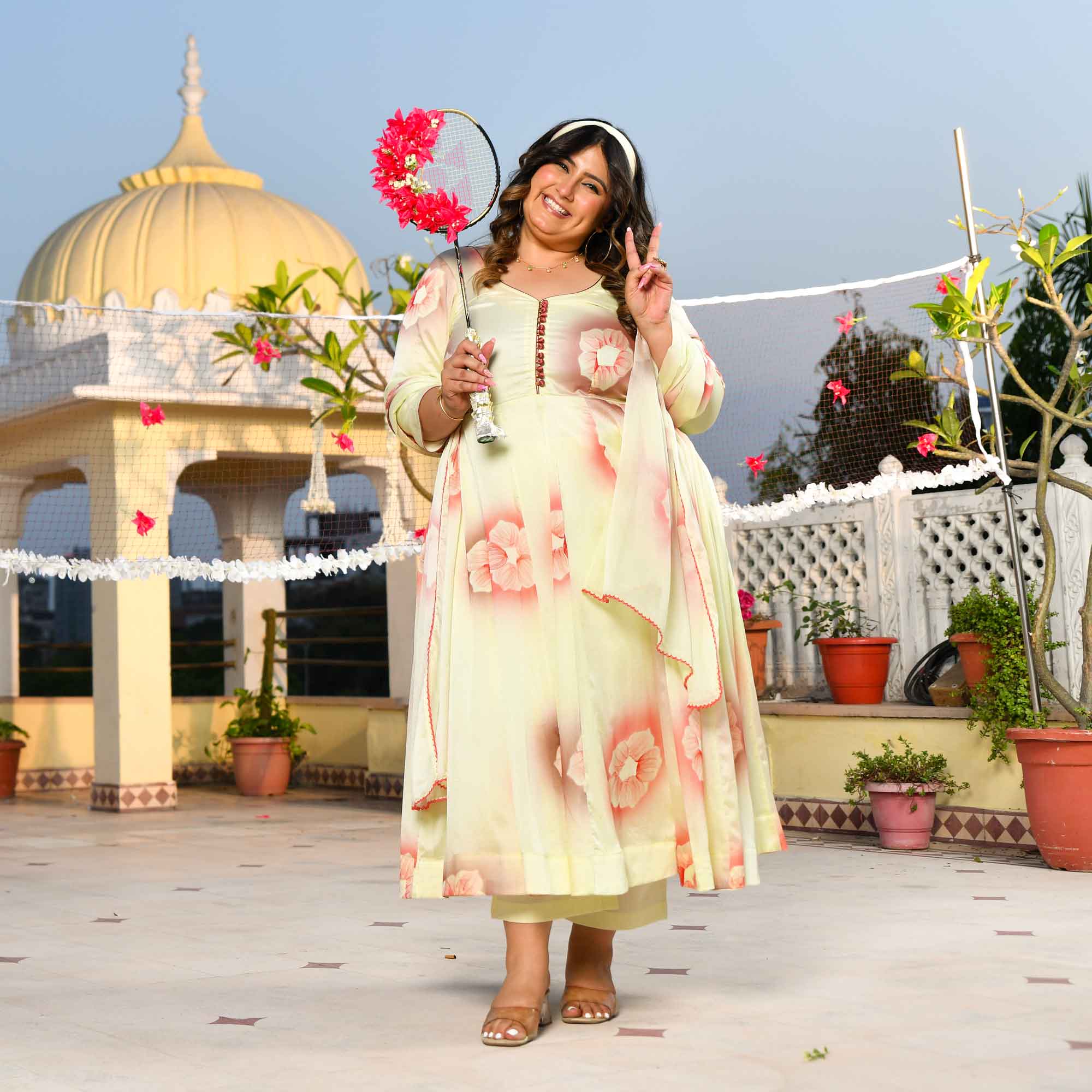 Lemon Chiffon Floral Hand Painted Crepe Chiffon Blend Anarkali Set