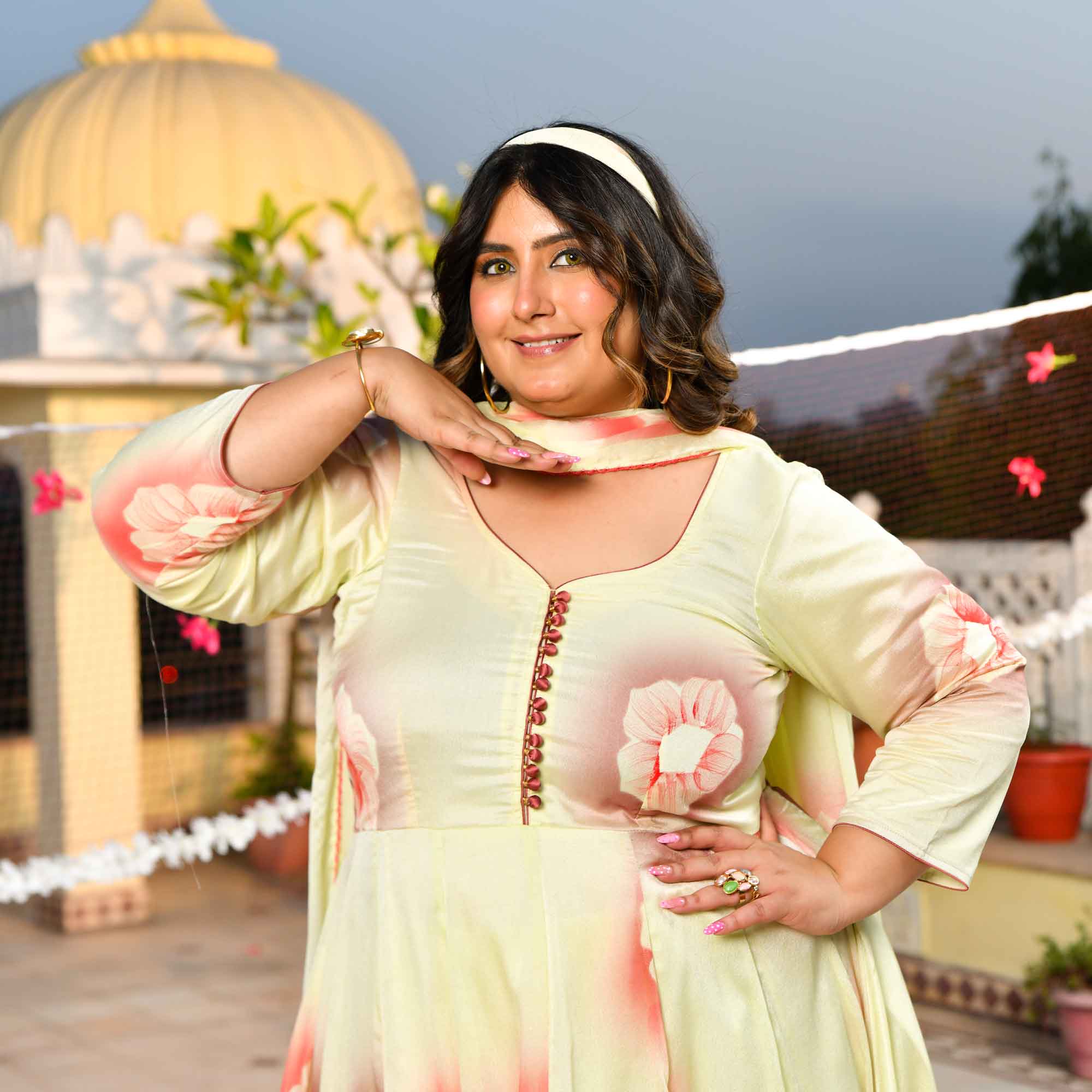 Lemon Chiffon Floral Hand Painted Crepe Chiffon Blend Anarkali Set