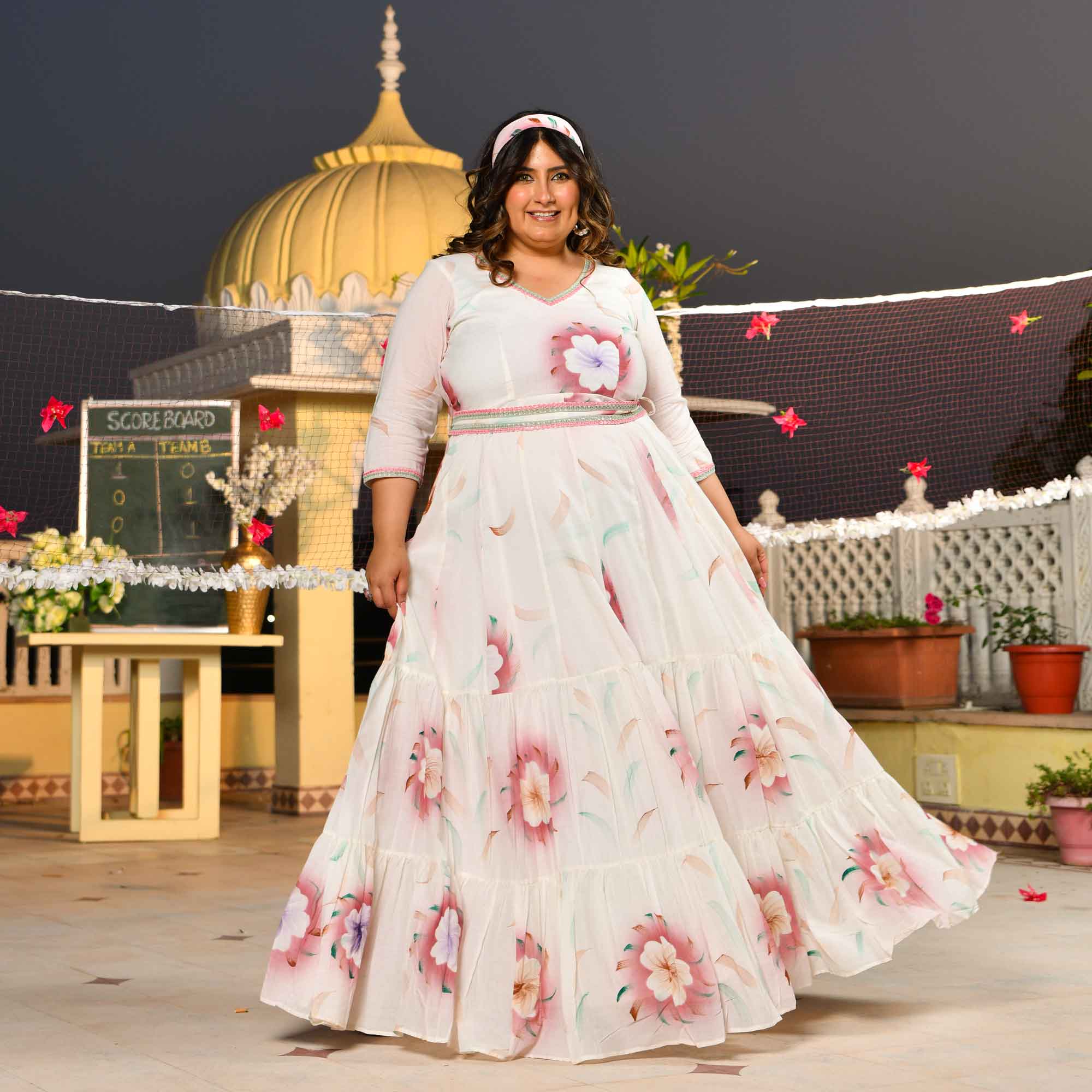 White Forest Floral Hand Painted Mul Cotton Dress