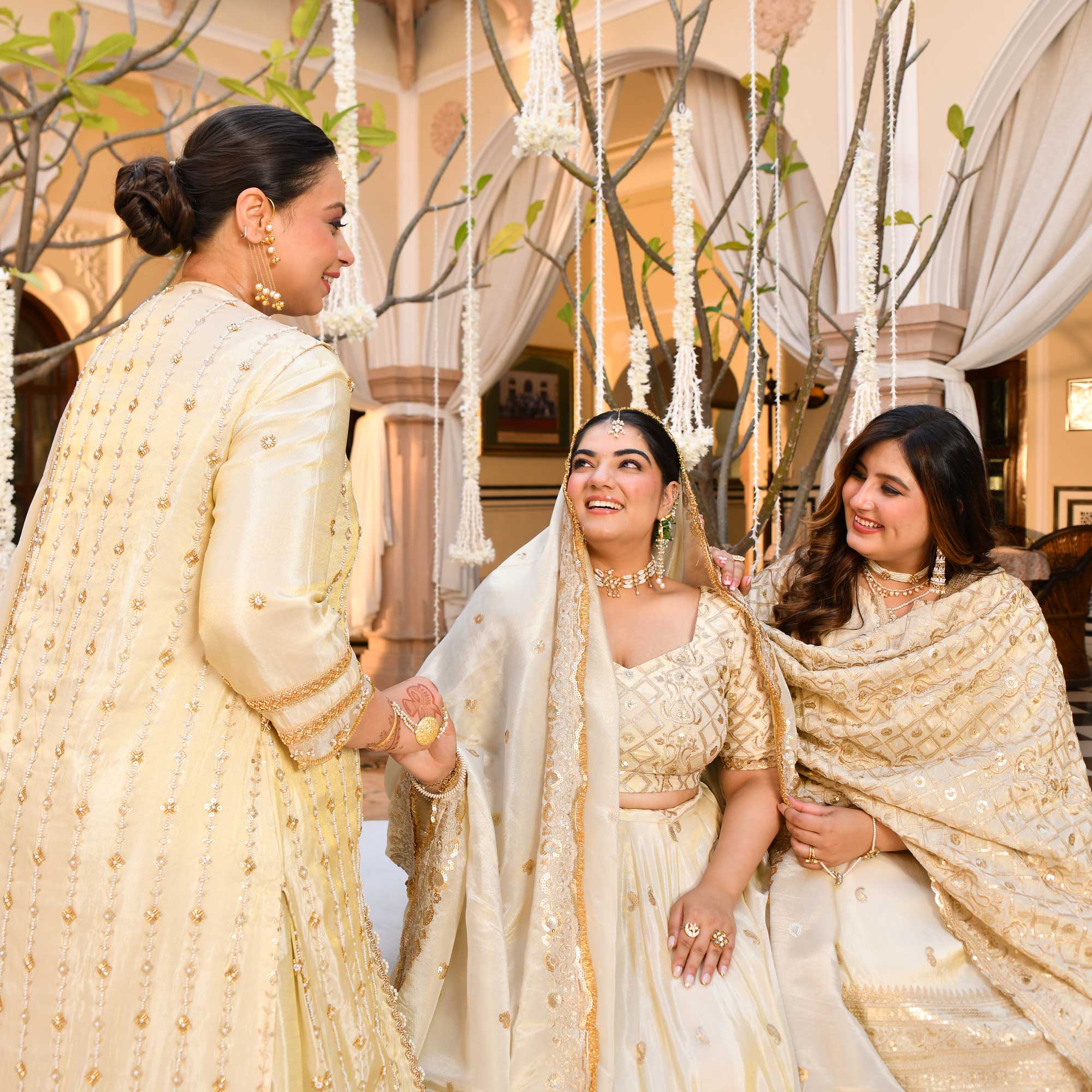 SAHIBA- Ivory & Gold Sequin Embroidered Pure Tissue Silk Suit Set