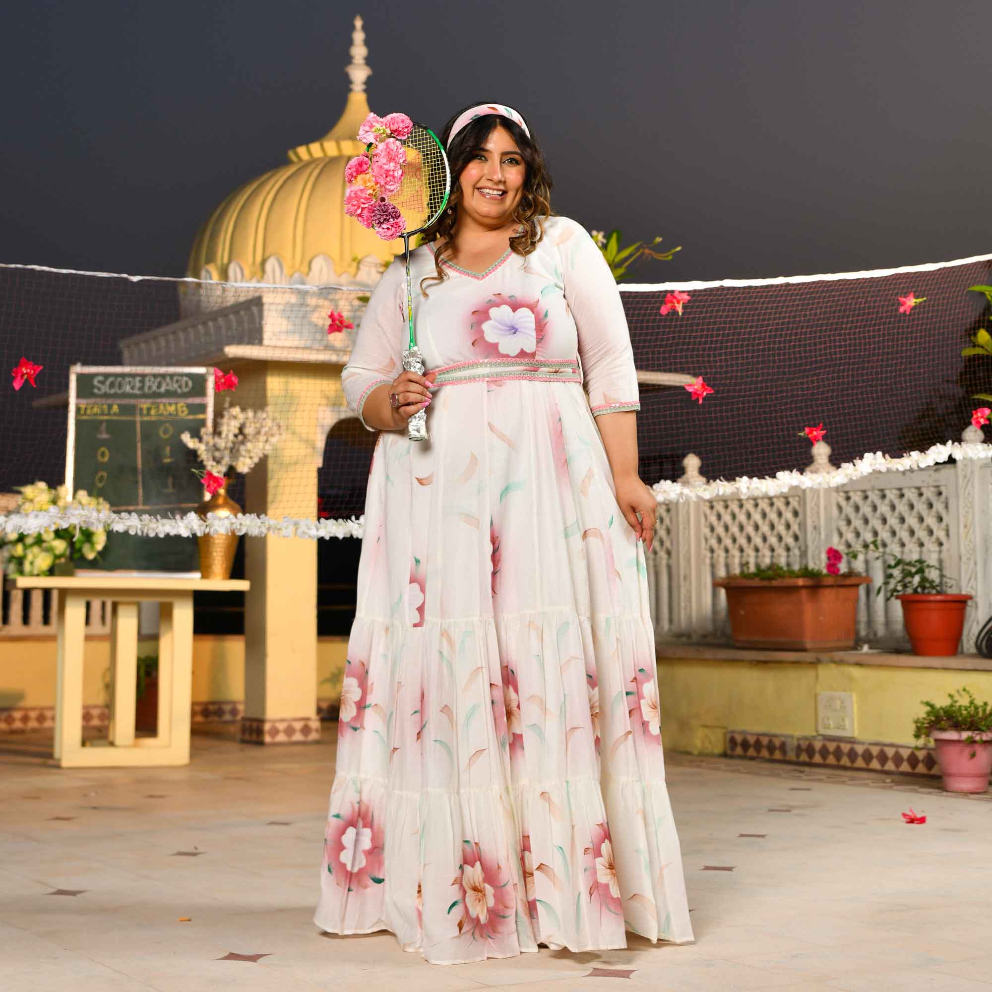 White Forest Floral Hand Painted Mul Cotton Dress