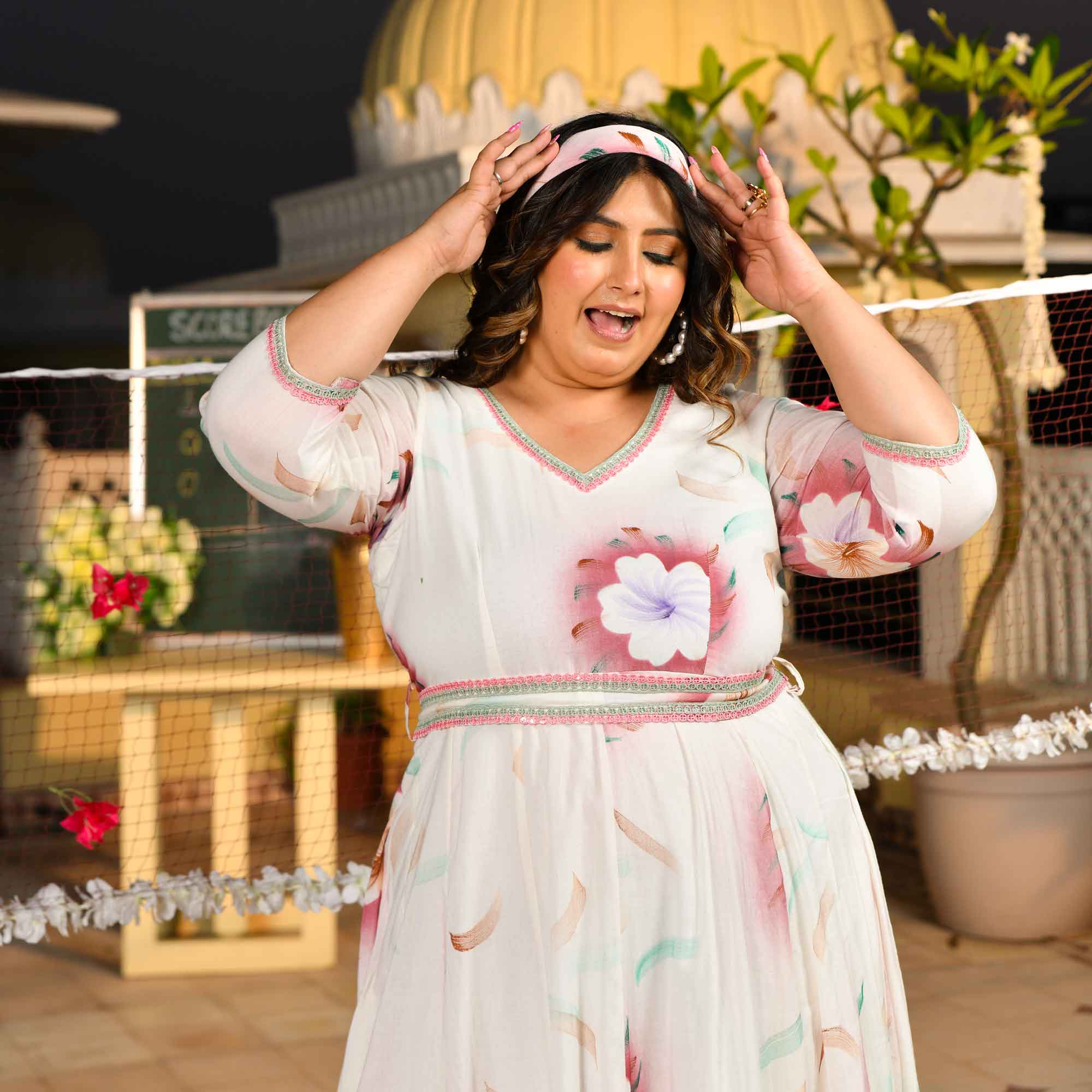 White Forest Floral Hand Painted Mul Cotton Dress
