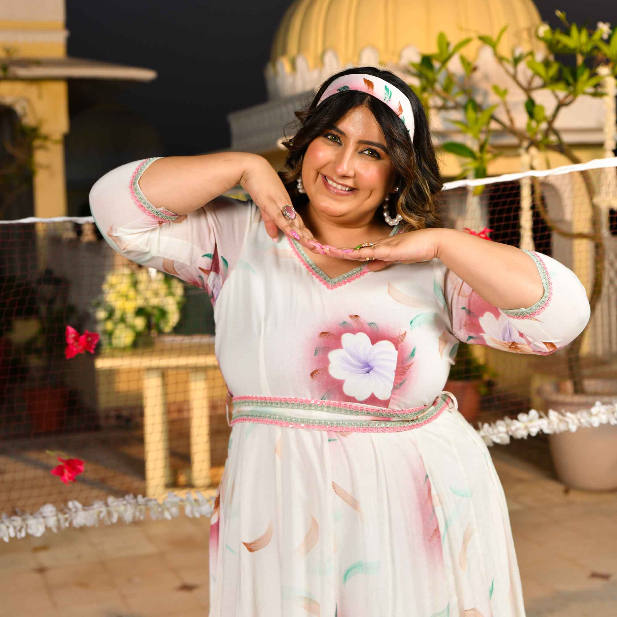 White Forest Floral Hand Painted Mul Cotton Dress