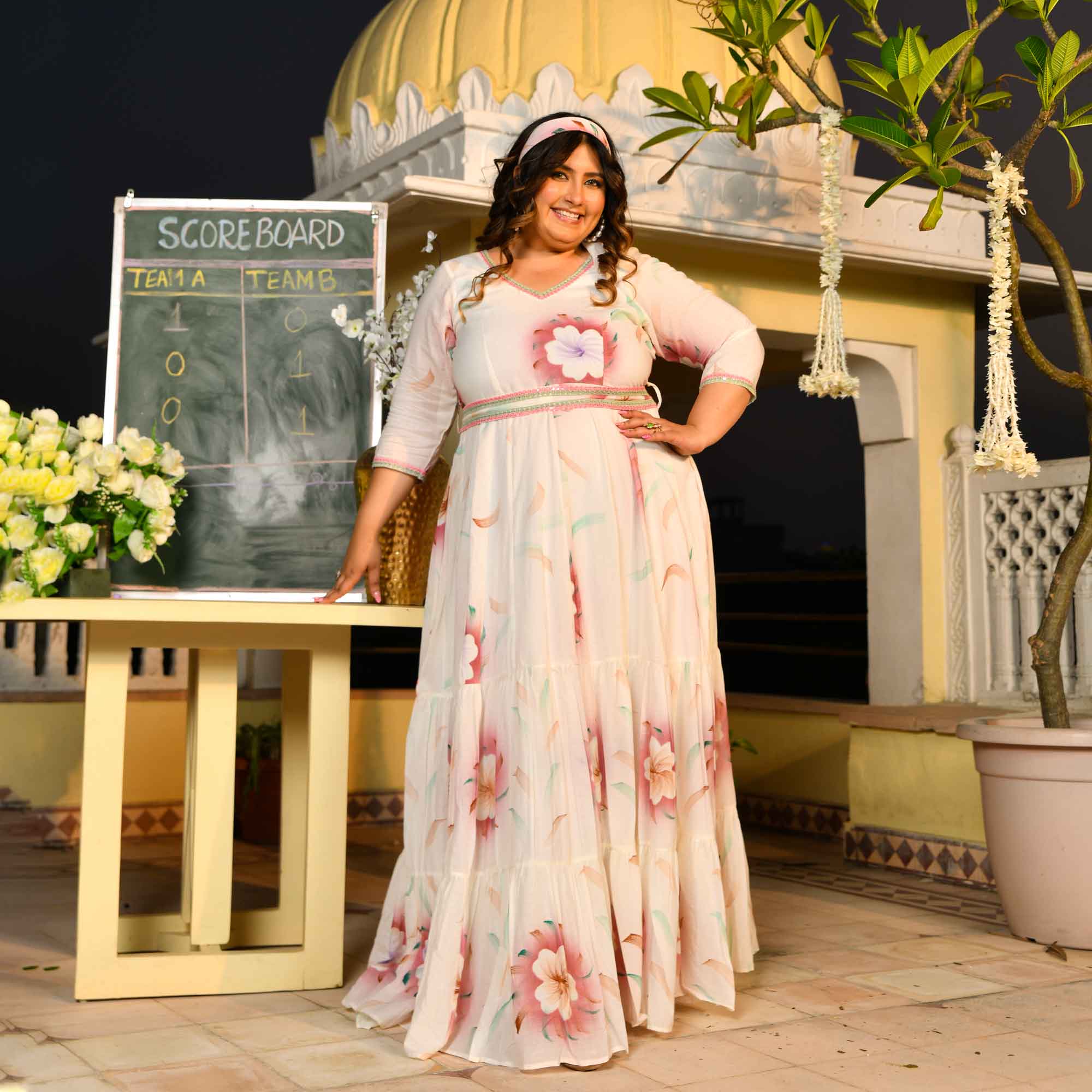 White Forest Floral Hand Painted Mul Cotton Dress