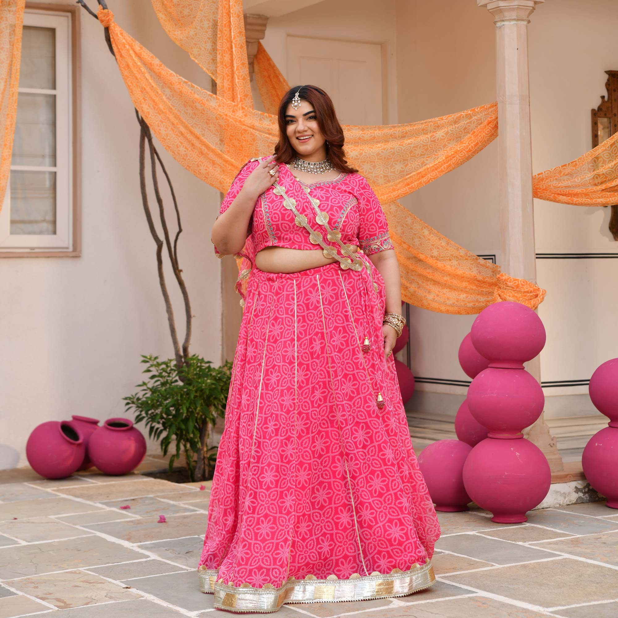 Baisa- Pink Embroidered Bandhani Applique Chiffon Lehenga Set