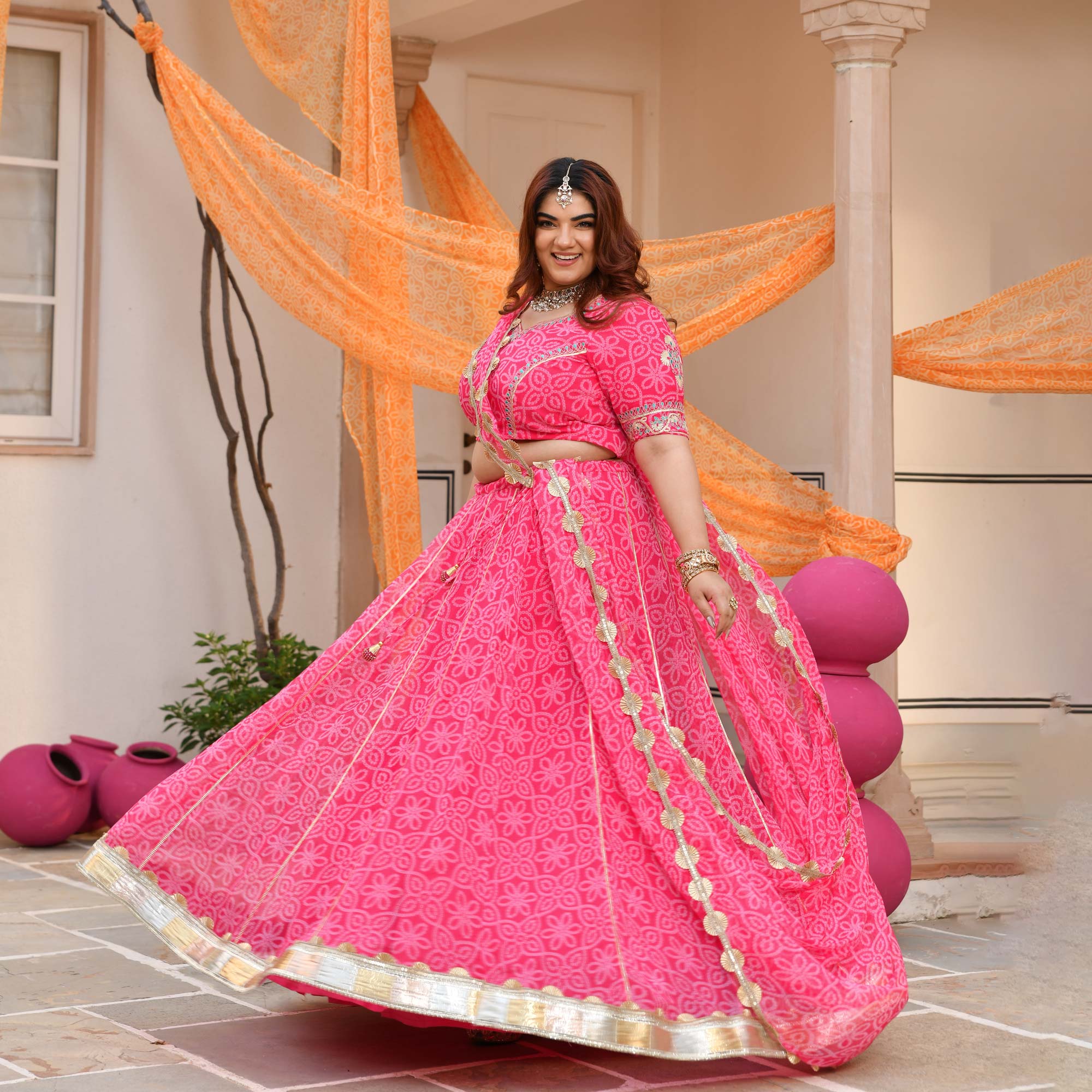 Baisa- Pink Embroidered Bandhani Applique Chiffon Lehenga Set