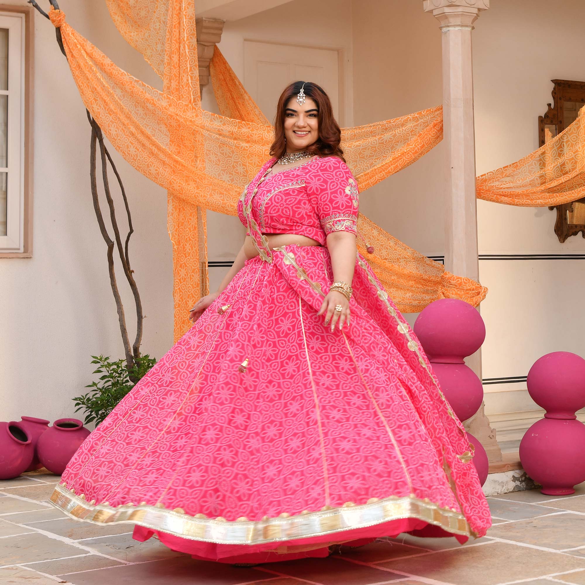 Baisa- Pink Embroidered Bandhani Applique Chiffon Lehenga Set