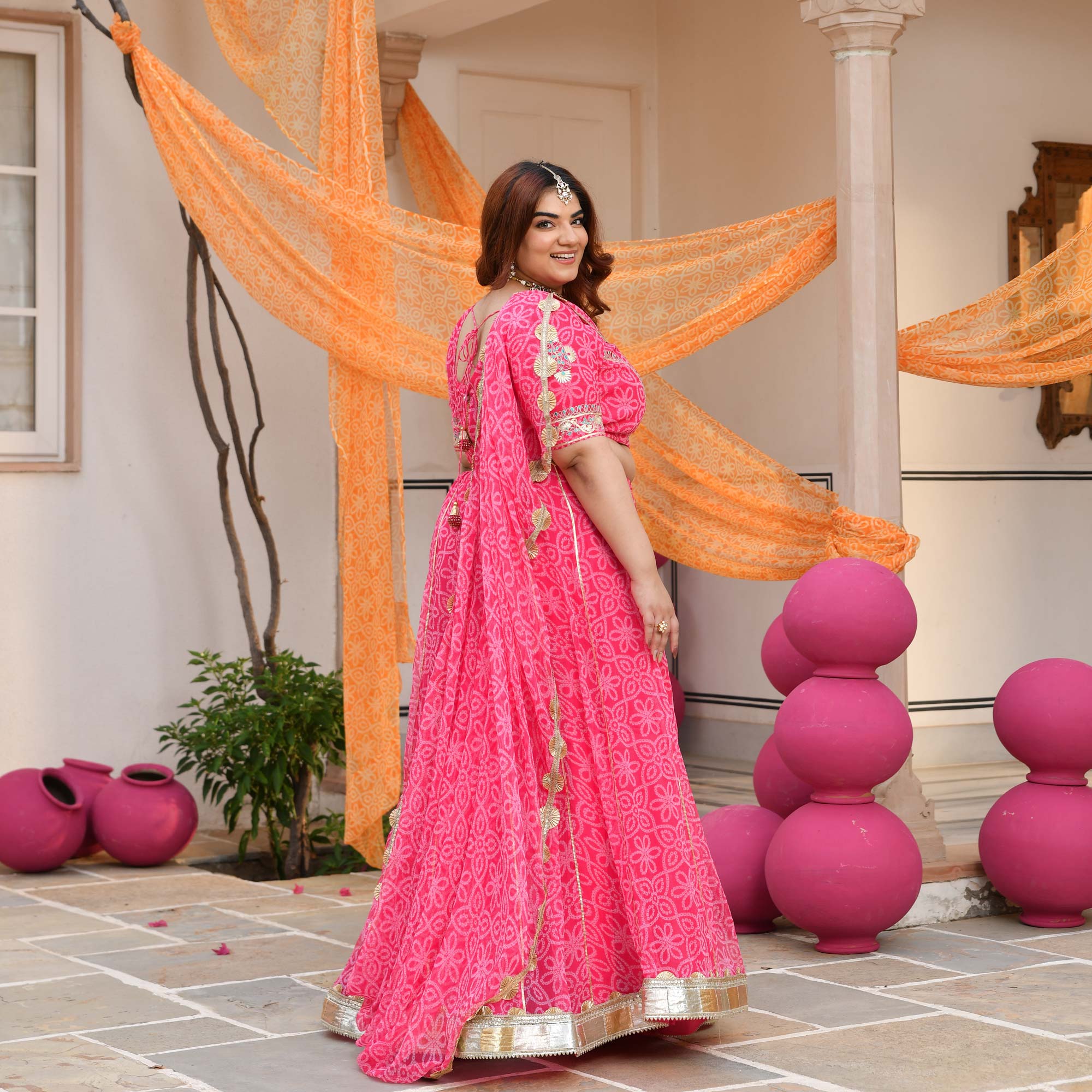 Baisa- Pink Embroidered Bandhani Applique Chiffon Lehenga Set