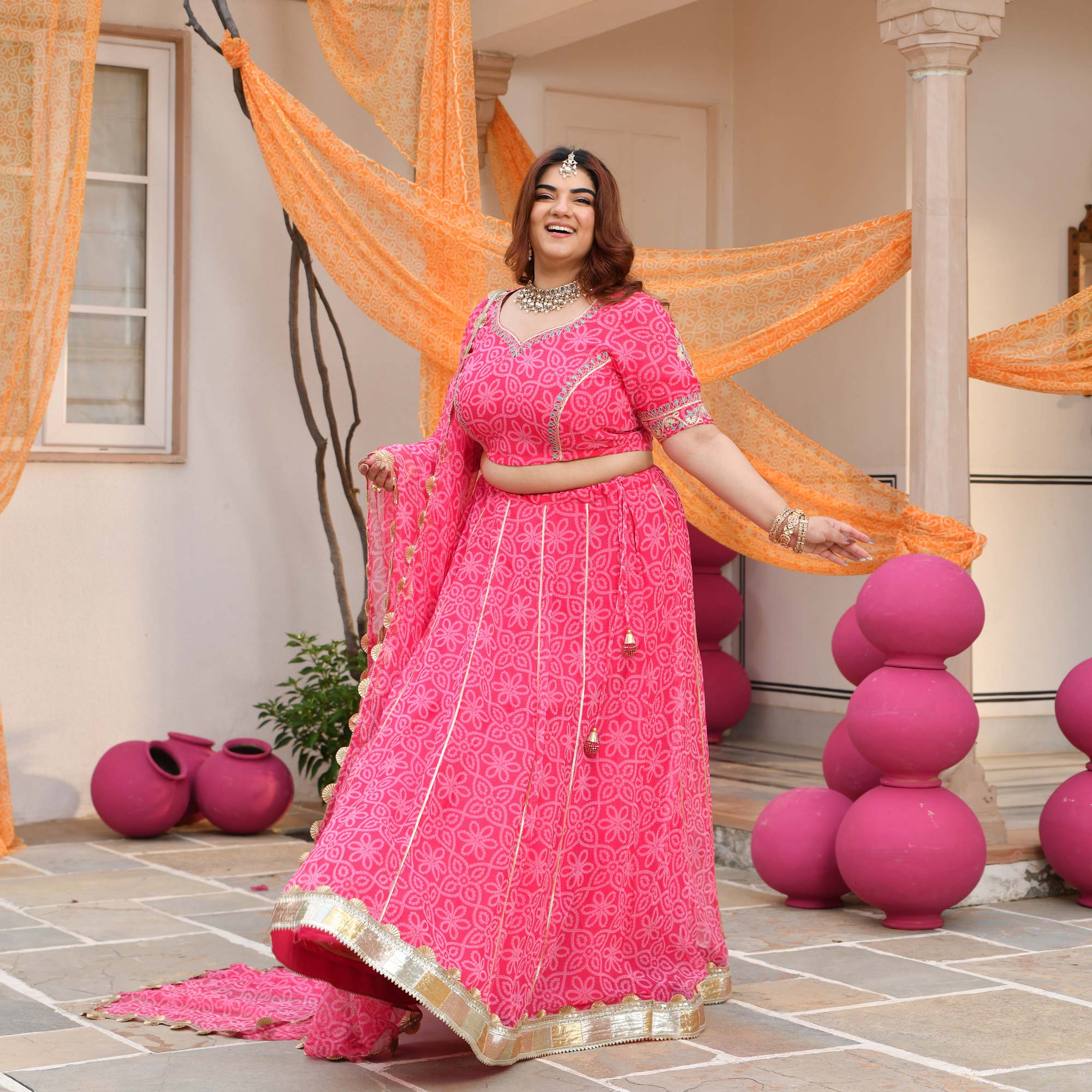 Baisa- Pink Embroidered Bandhani Applique Chiffon Lehenga Set