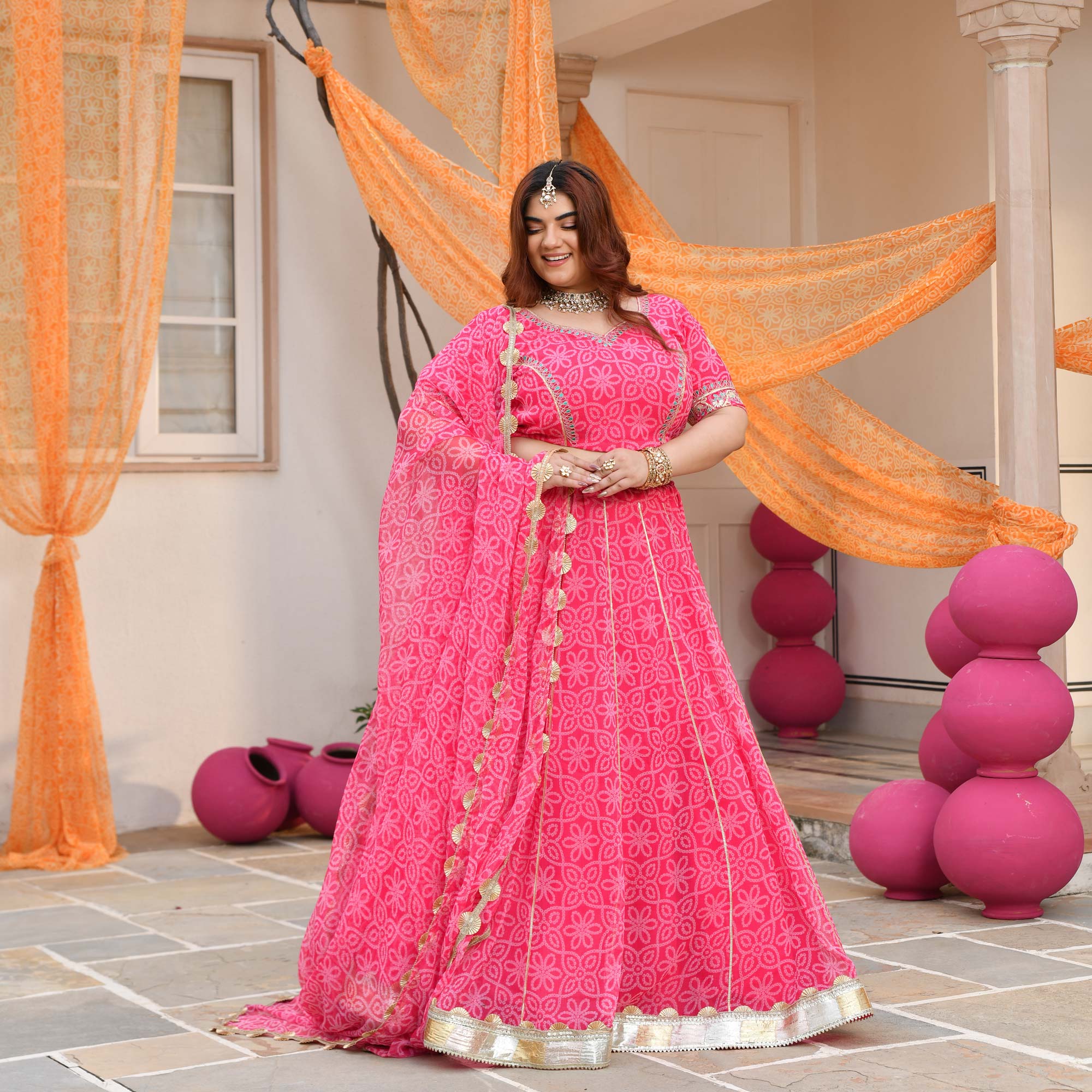 Baisa- Pink Embroidered Bandhani Applique Chiffon Lehenga Set