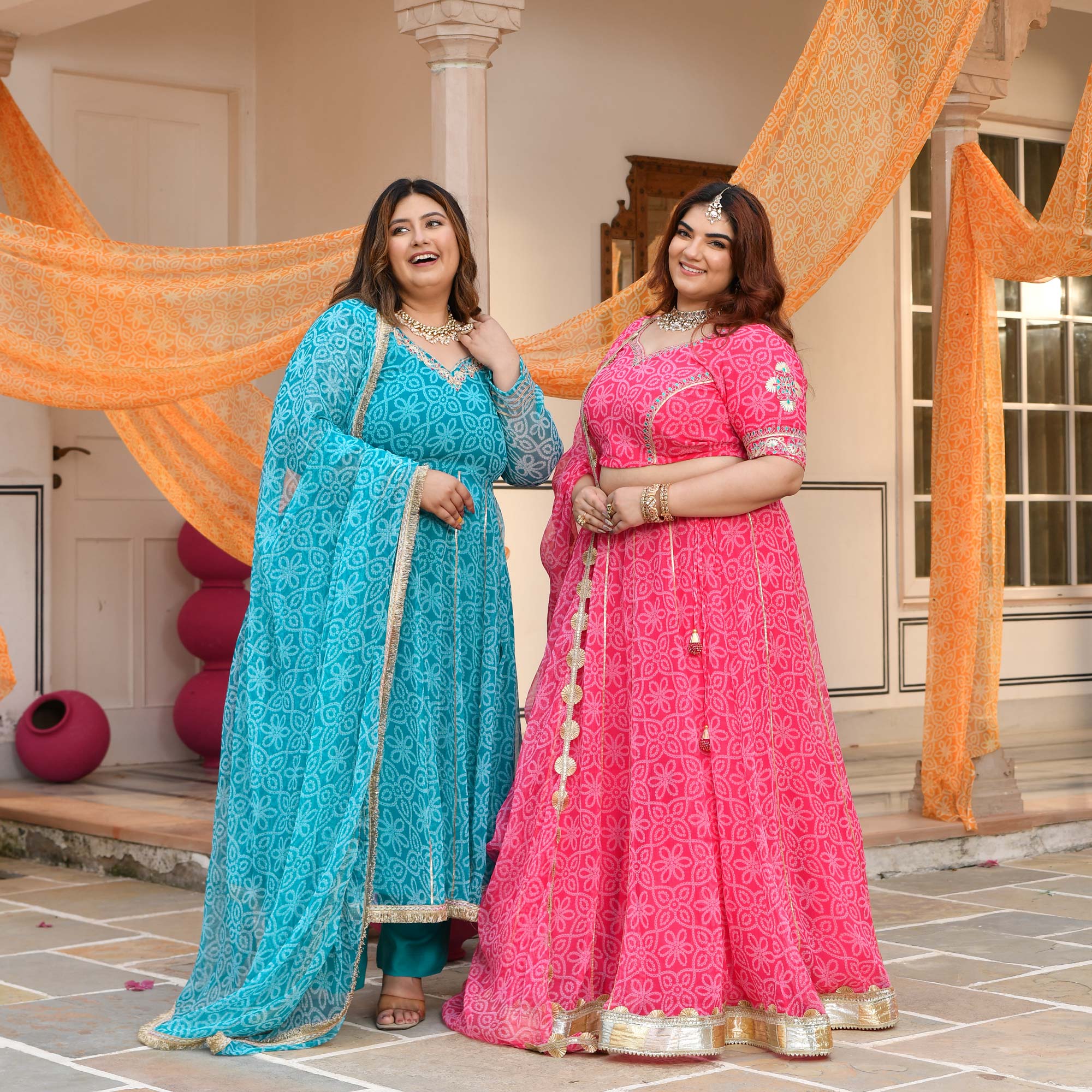 Nakhro- Sky Blue Embroidered Bandhani Chiffon Anarkali Set