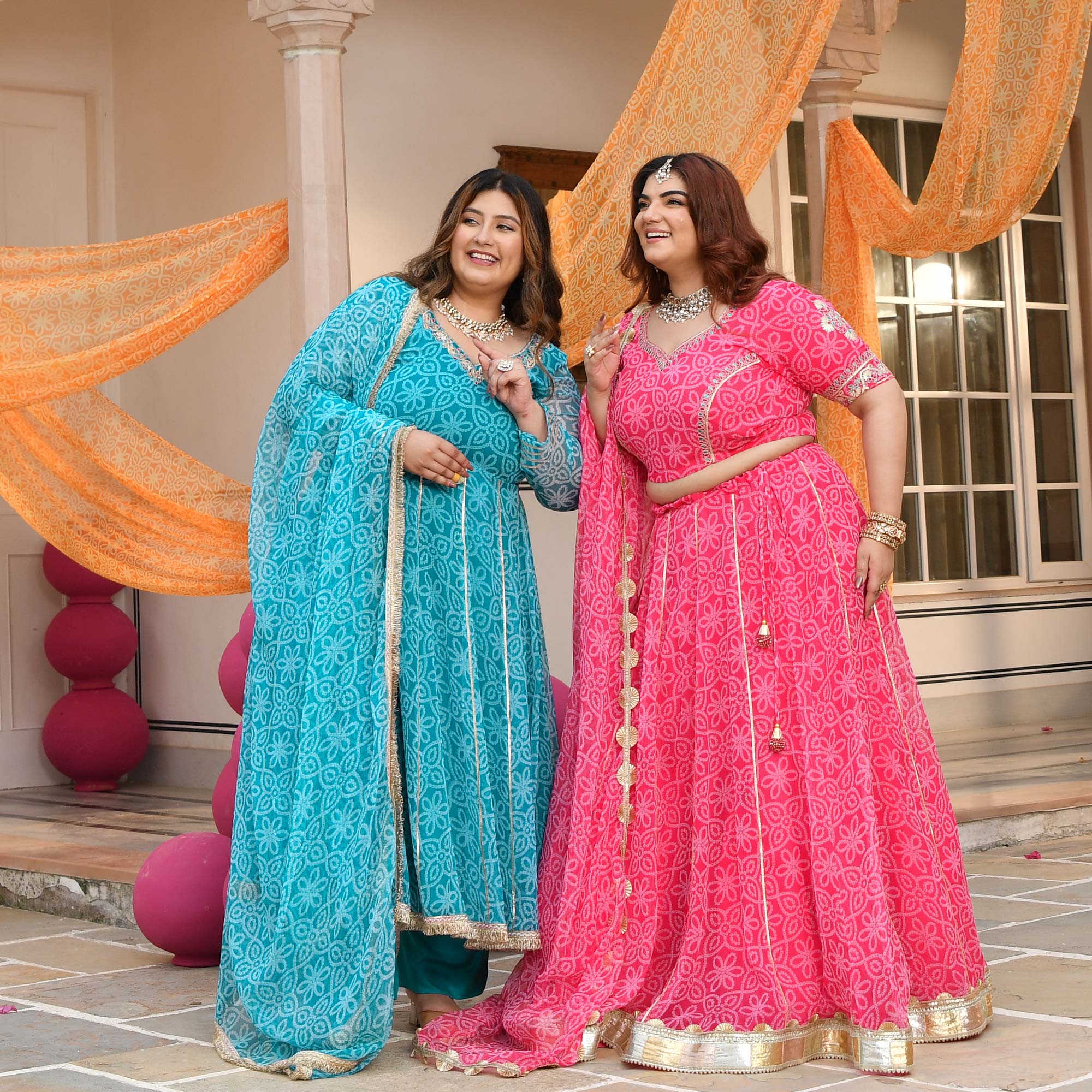 Baisa- Pink Embroidered Bandhani Chiffon Lehenga Set 