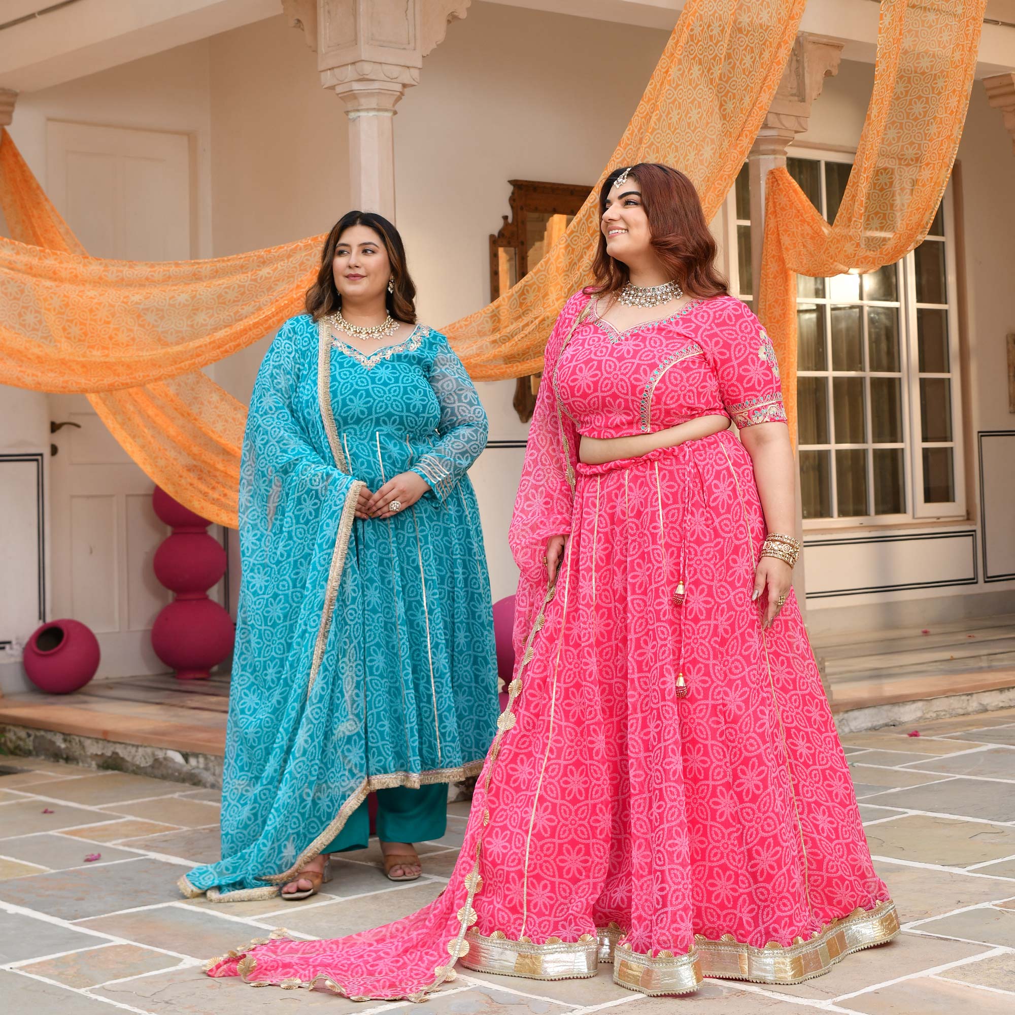 Baisa- Pink Embroidered Bandhani Chiffon Lehenga Set 