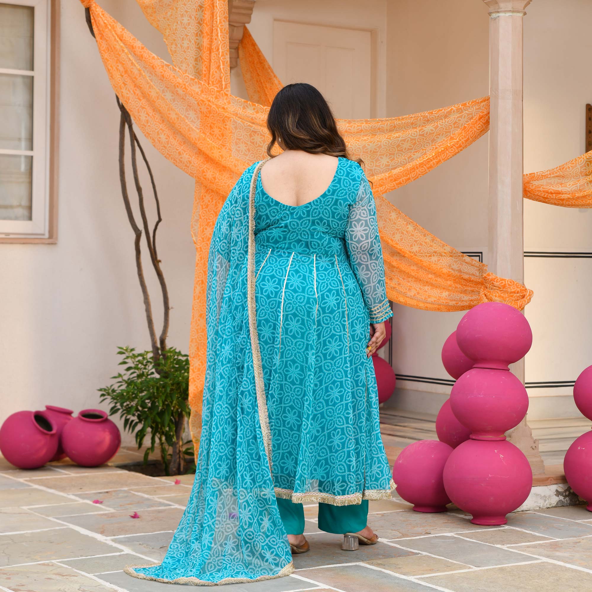 Nakhro- Sky Blue Embroidered Bandhani Chiffon Anarkali Set