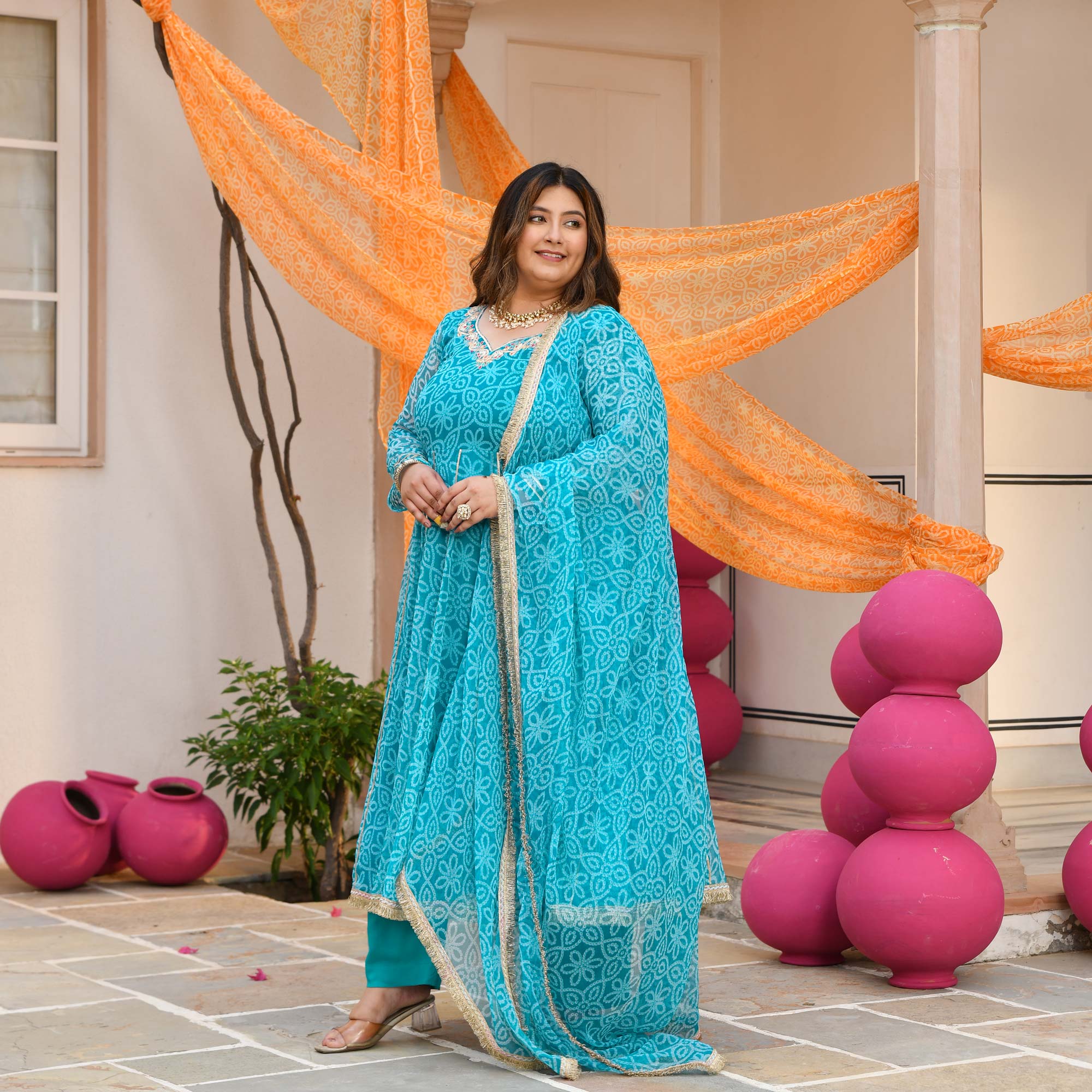 Nakhro- Sky Blue Embroidered Bandhani Chiffon Anarkali Set