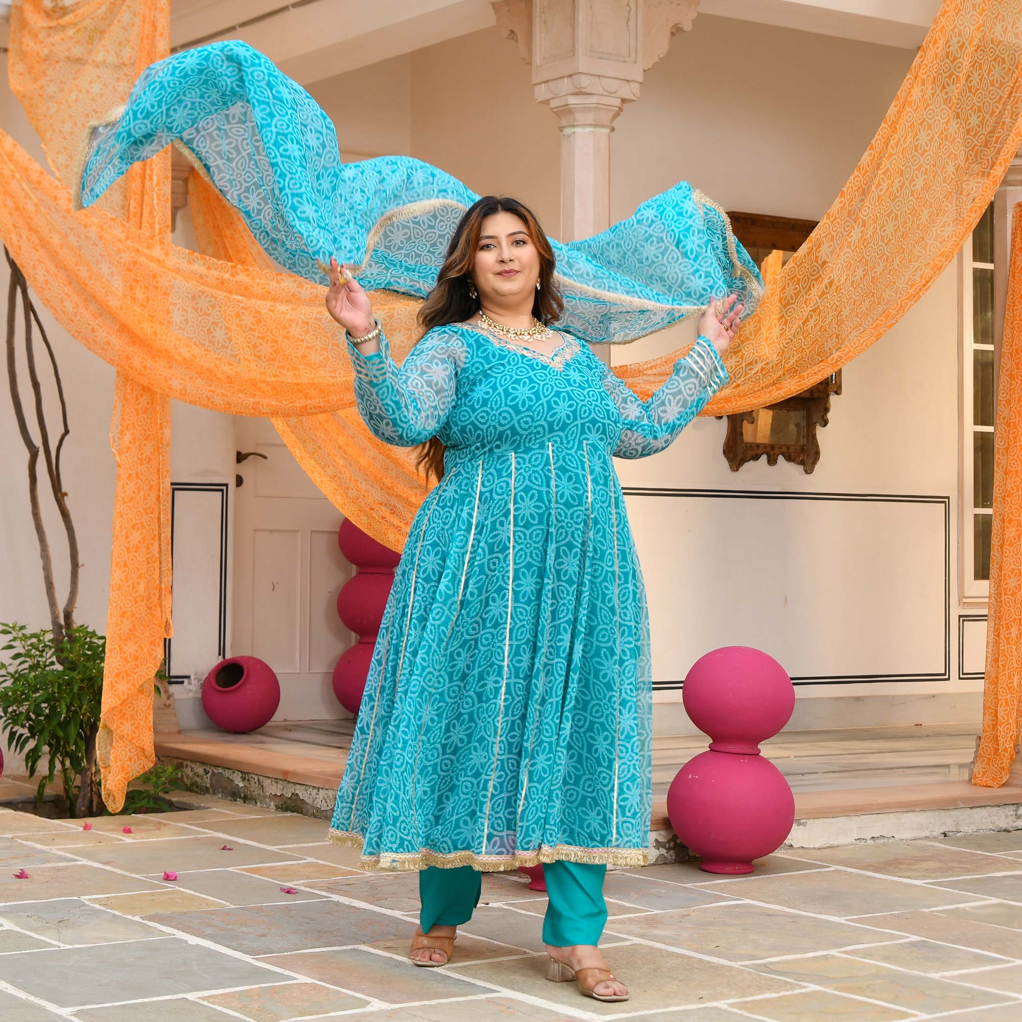 Nakhro- Sky Blue Embroidered Bandhani Chiffon Anarkali Set