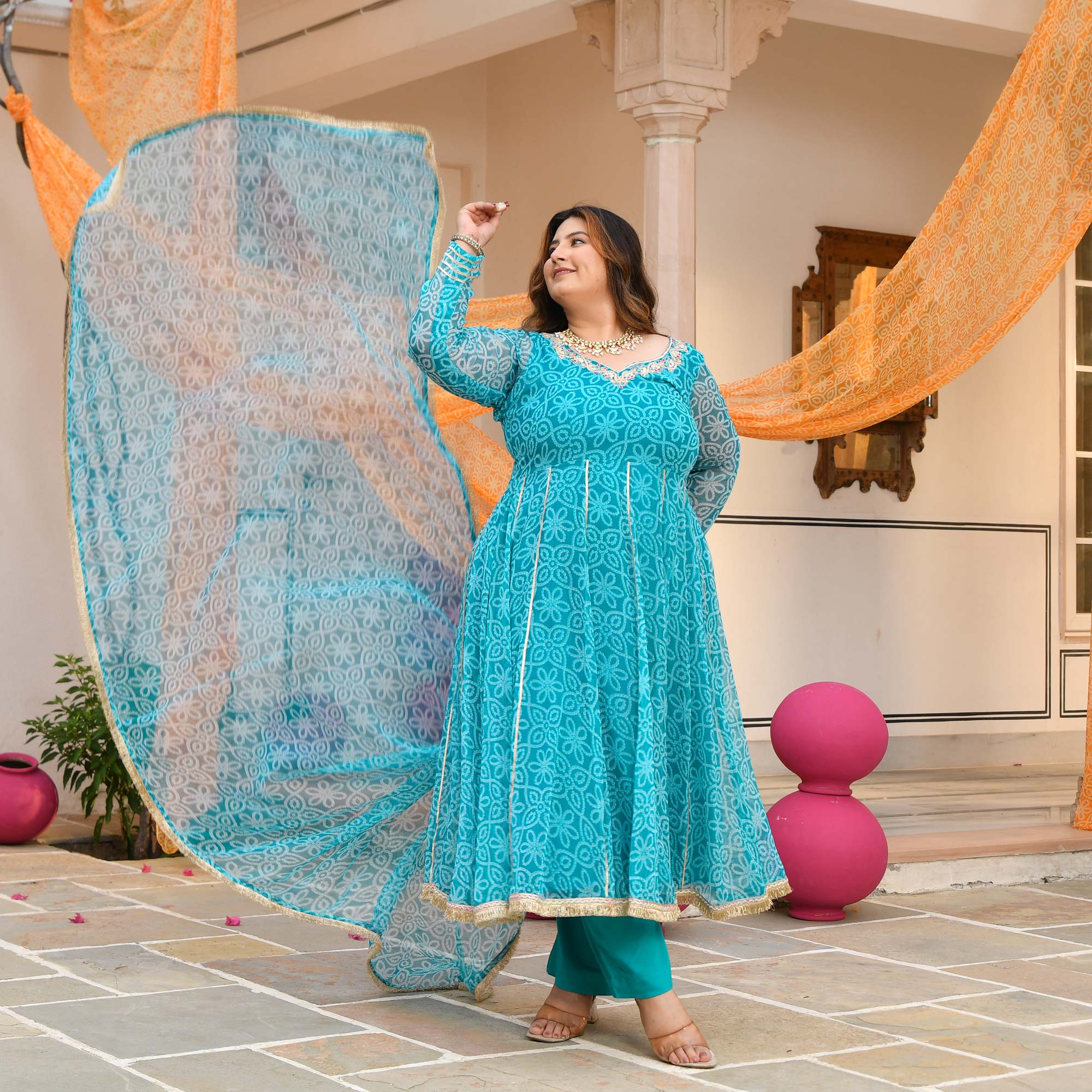 Nakhro- Sky Blue Embroidered Bandhani Chiffon Anarkali Set