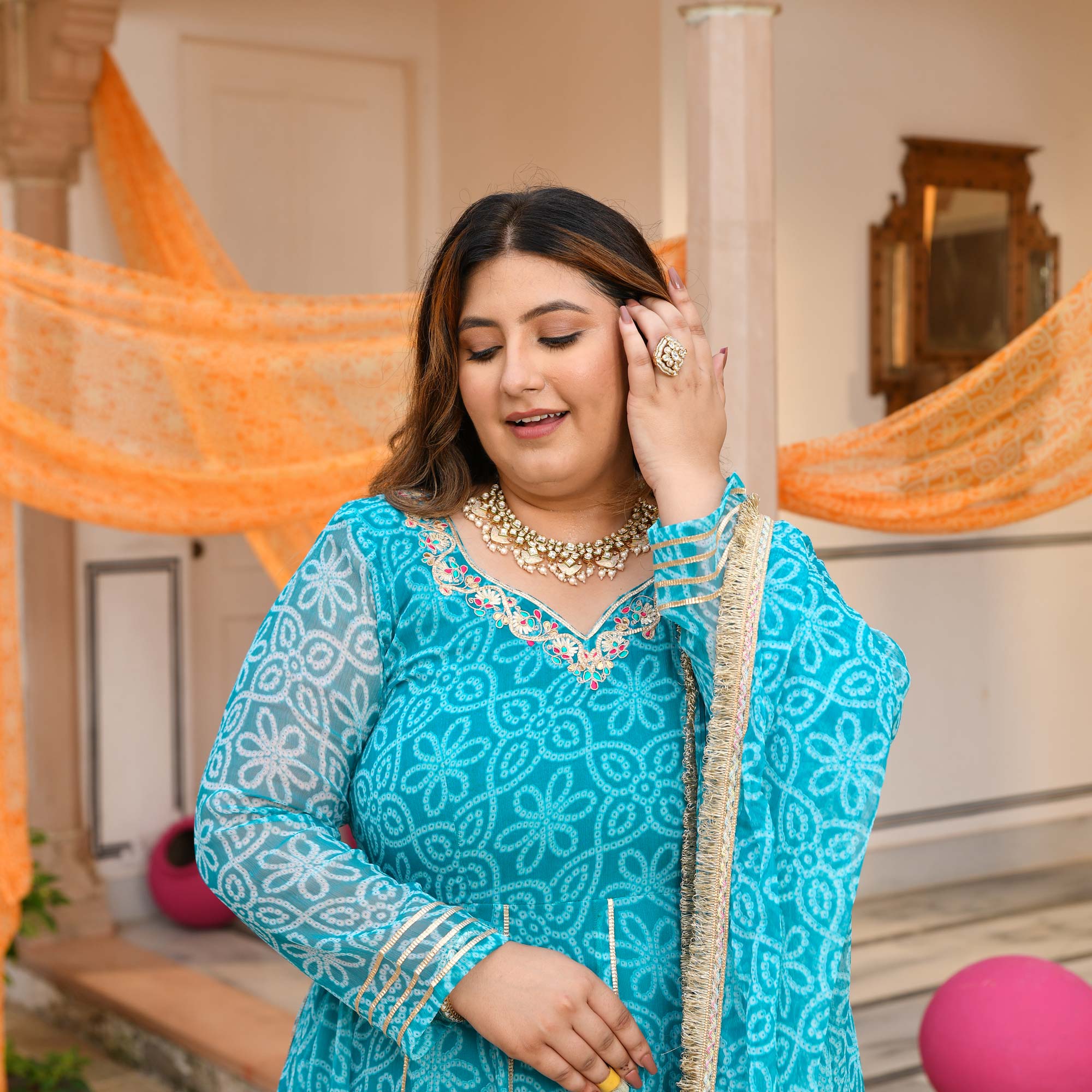 Nakhro- Sky Blue Embroidered Bandhani Chiffon Anarkali Set