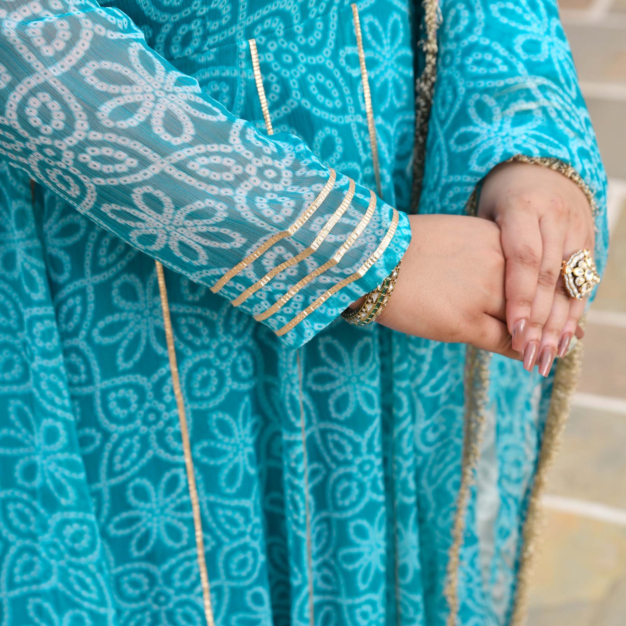 Nakhro- Sky Blue Embroidered Bandhani Chiffon Anarkali Set