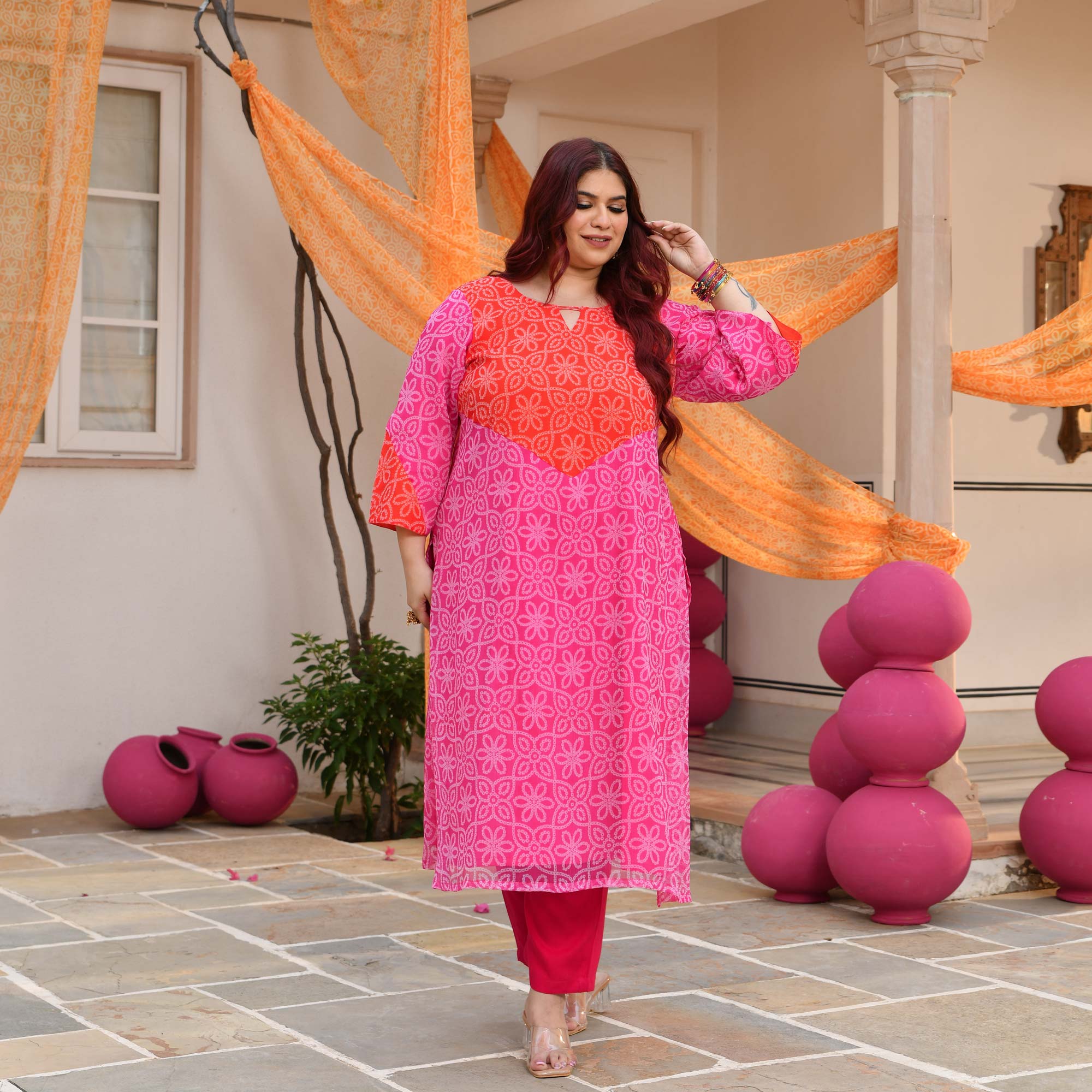 Meethi Chashni- Pink & Orange Bandhani Applique Chiffon Kurta
