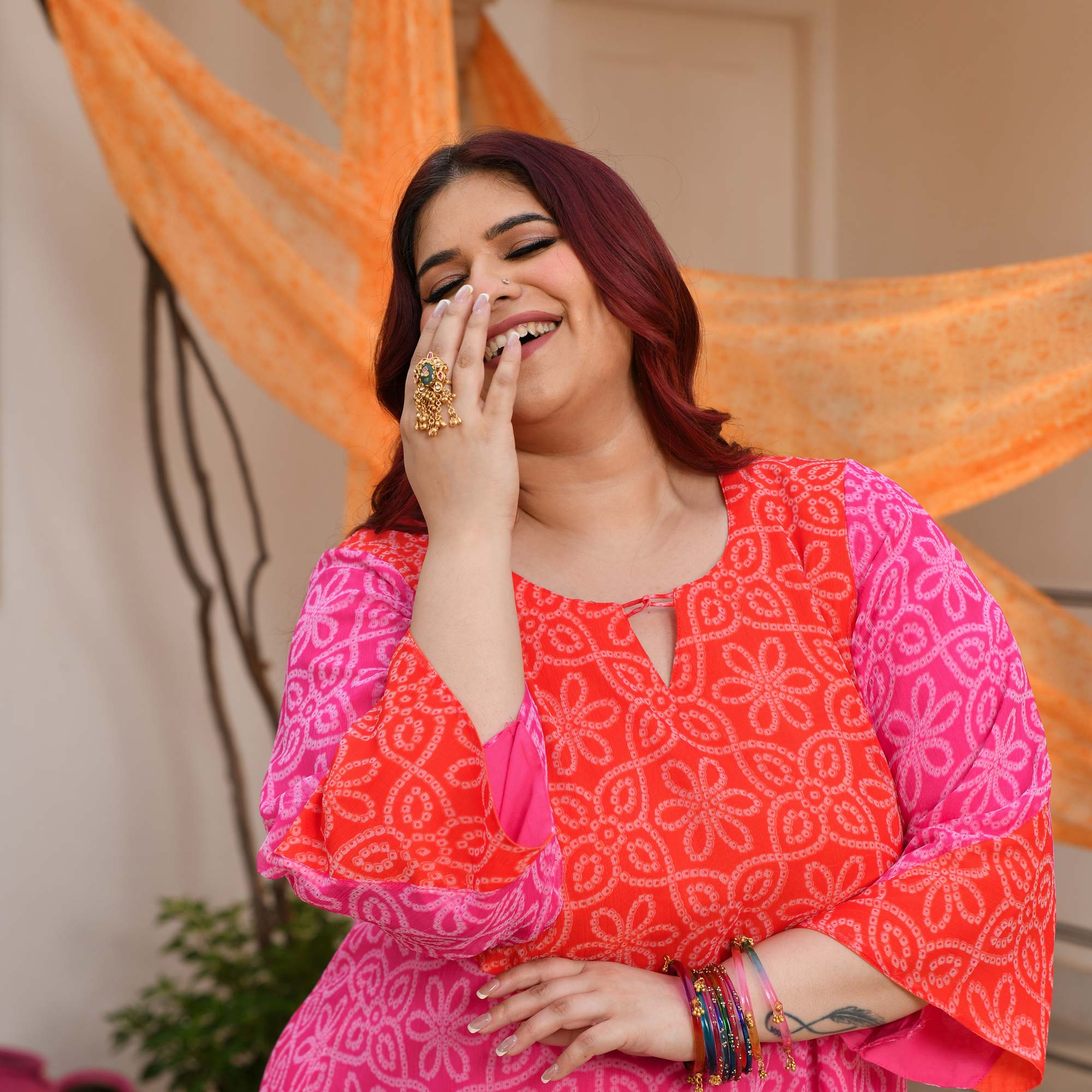 Meethi Chashni- Pink & Orange Bandhani Applique Chiffon Kurta