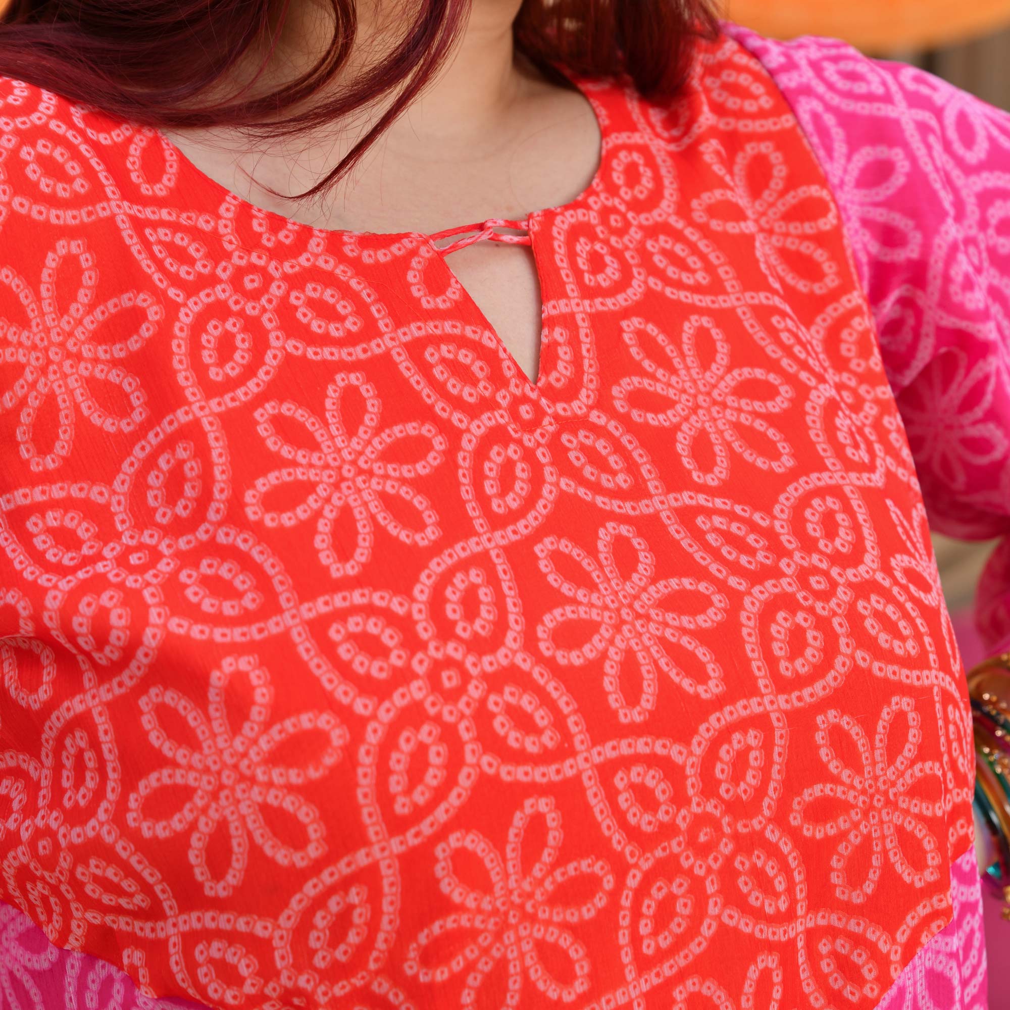 Meethi Chashni- Pink & Orange Bandhani Applique Chiffon Kurta