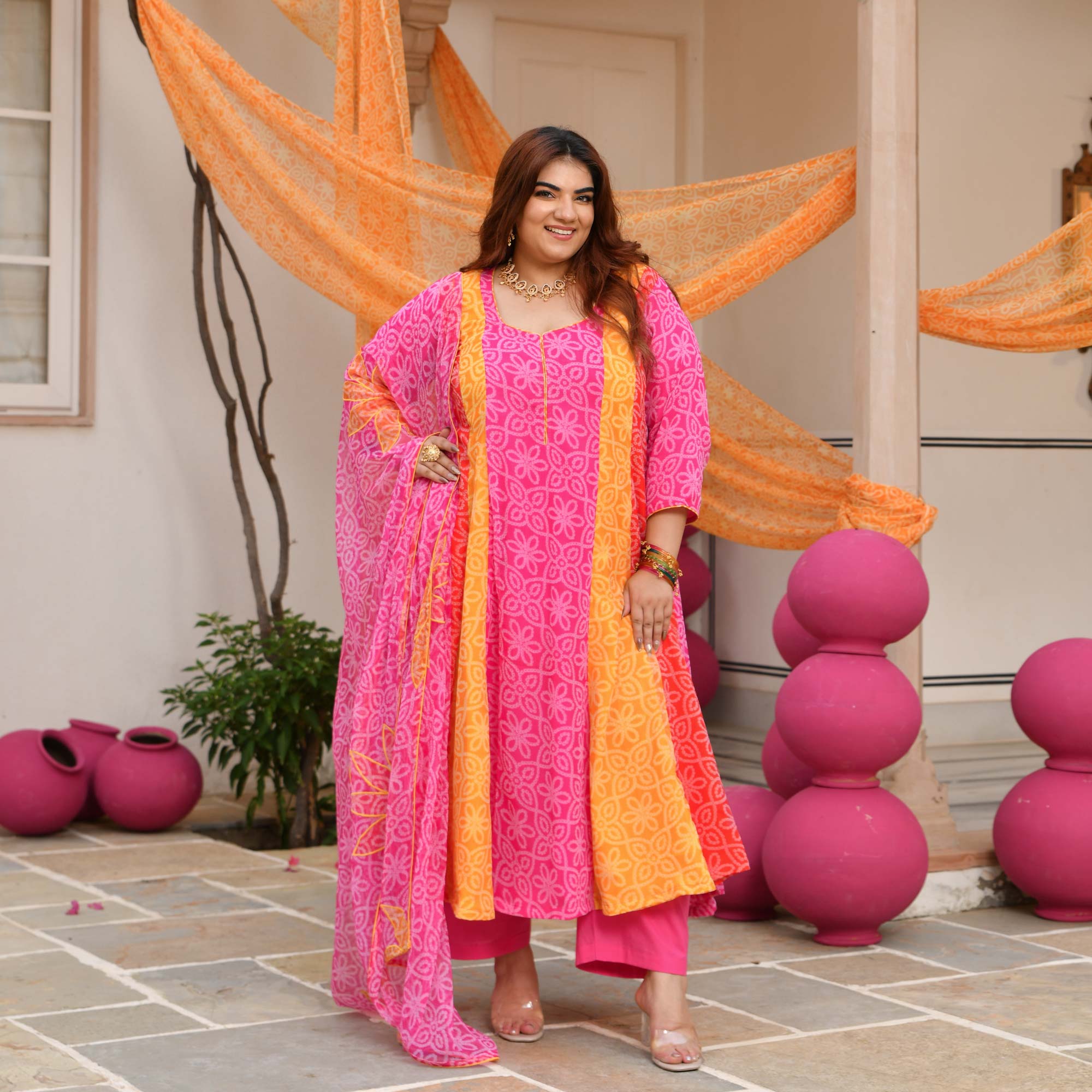 Sharbati Nimboo- Pink & Yellow Bandhani Chiffon Anarkali Set