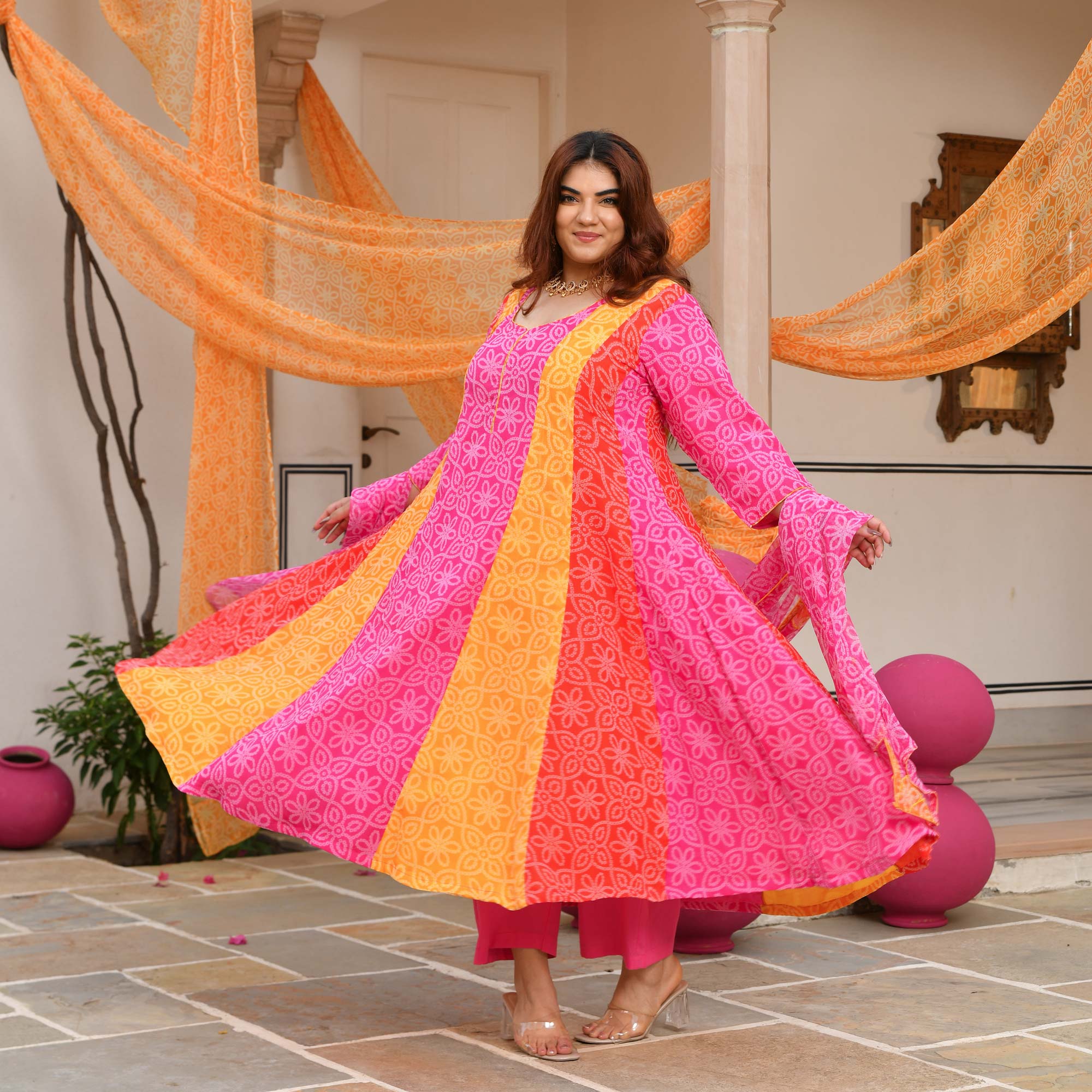 Sharbati Nimboo- Pink & Yellow Bandhani Chiffon Anarkali Set