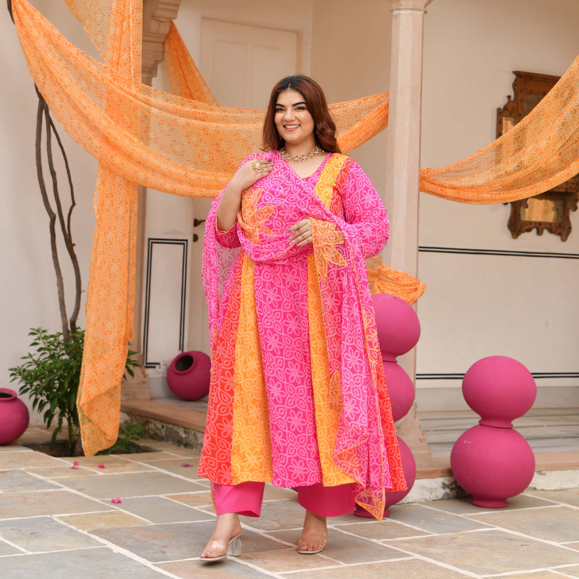 Sharbati Nimboo- Pink & Yellow Bandhani Chiffon Anarkali Set