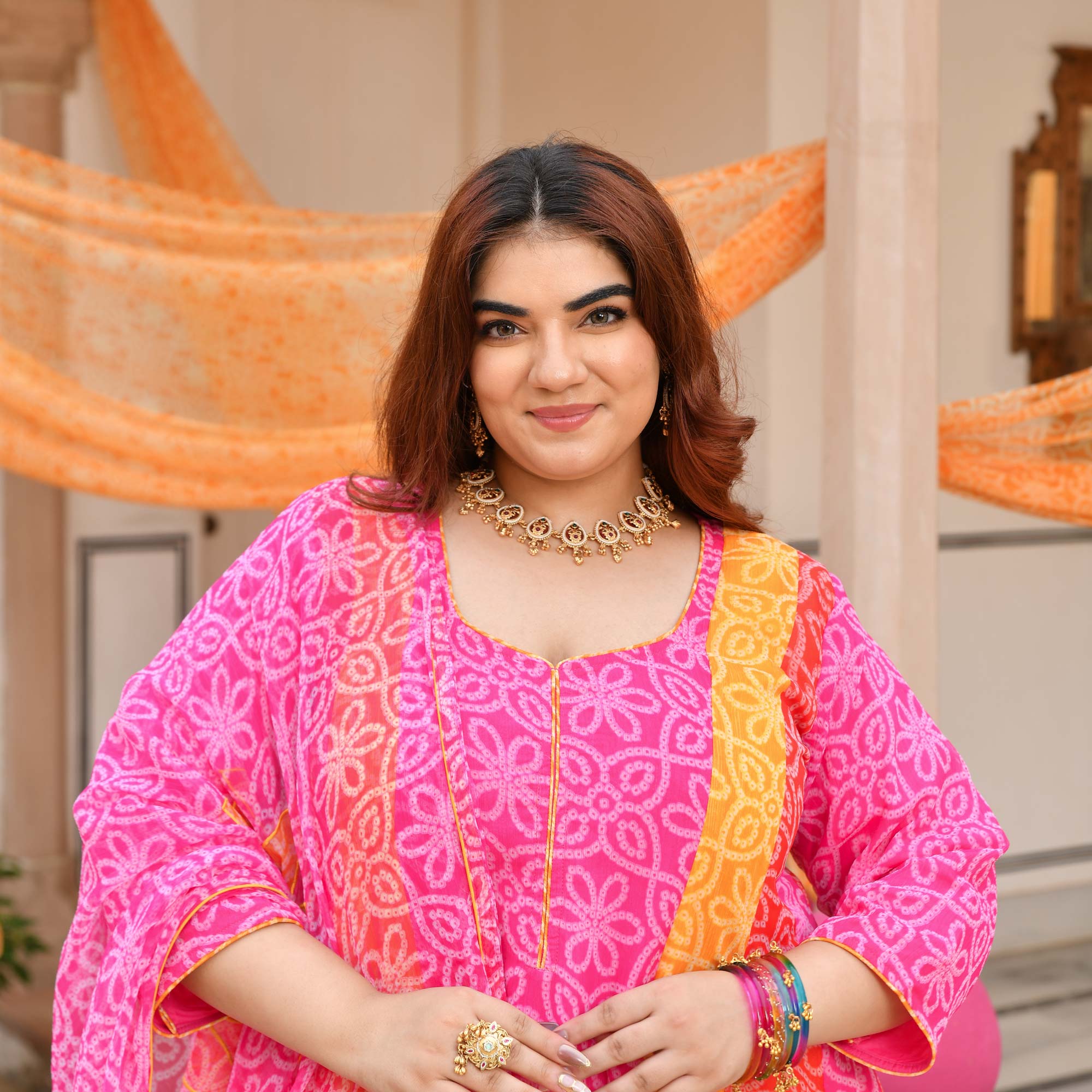 Sharbati Nimboo- Pink & Yellow Bandhani Chiffon Anarkali Set