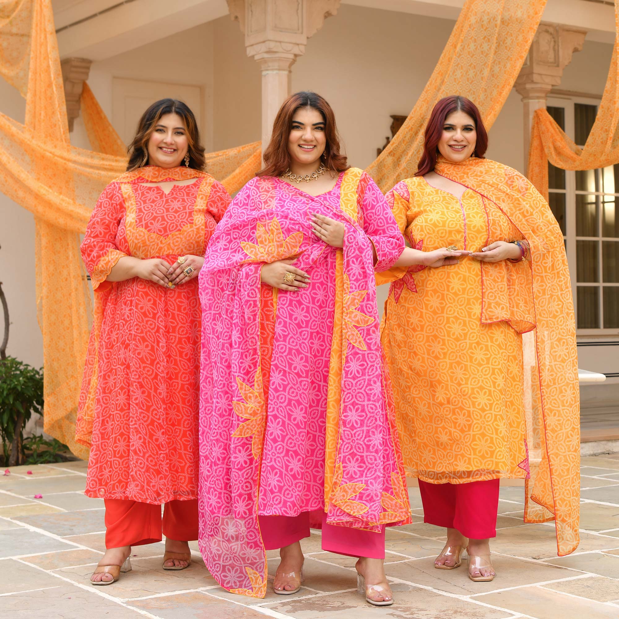 Tareefan- Yellow & Pink Bandhani Applique Chiffon Suit Set