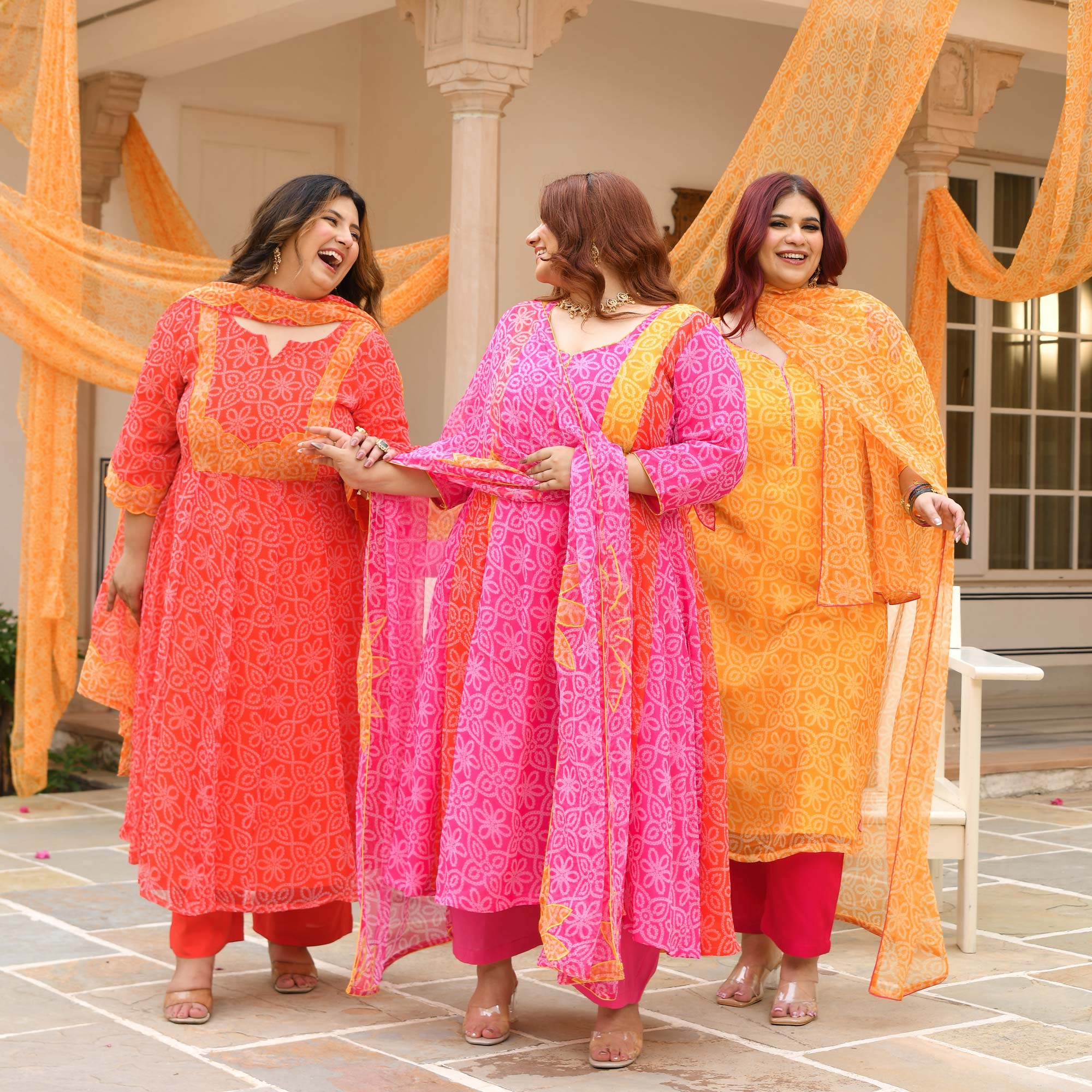 Desi Kanya- Red & Orange Bandhani Applique Chiffon Anarkali Set