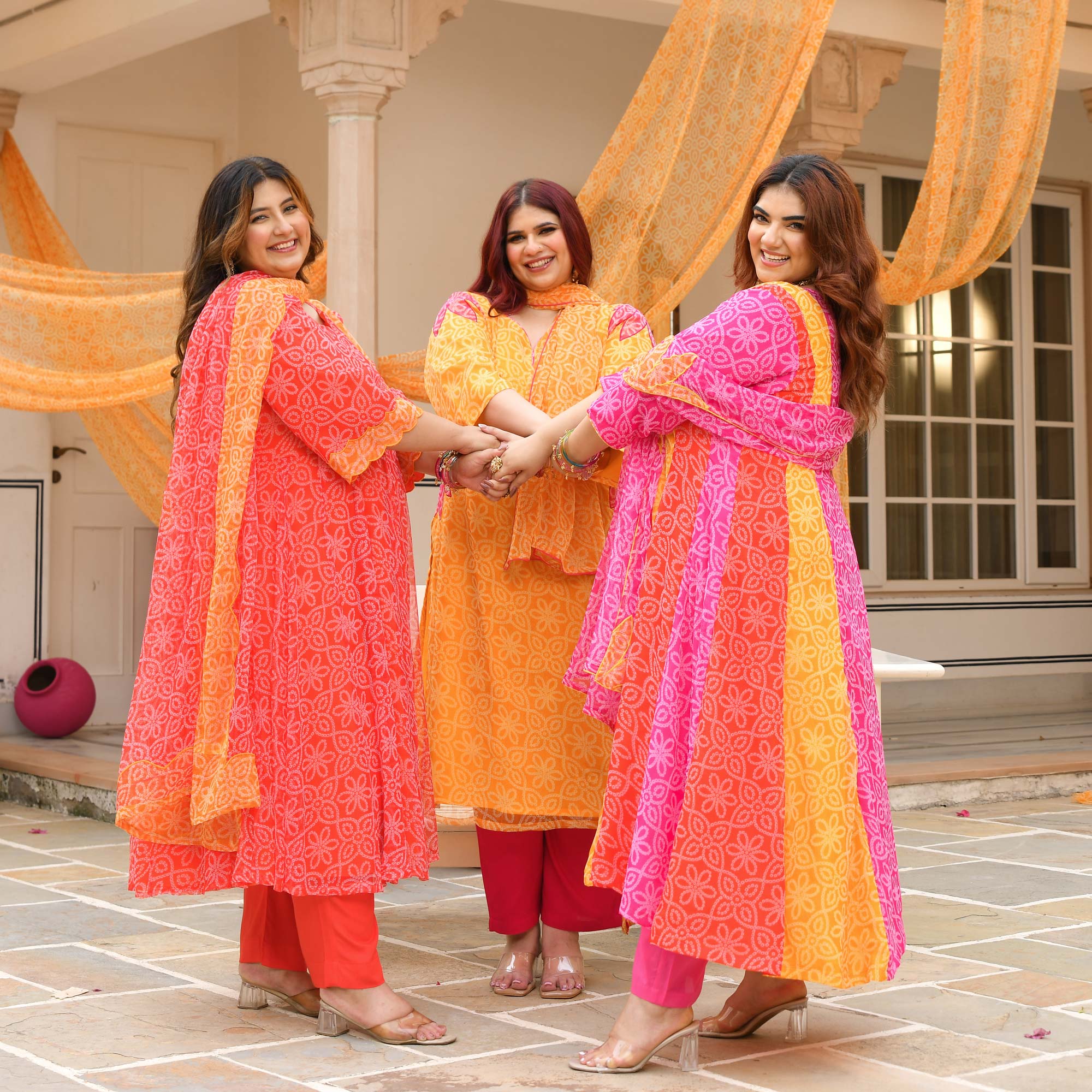 Sharbati Nimboo- Pink & Yellow Bandhani Chiffon Anarkali Set