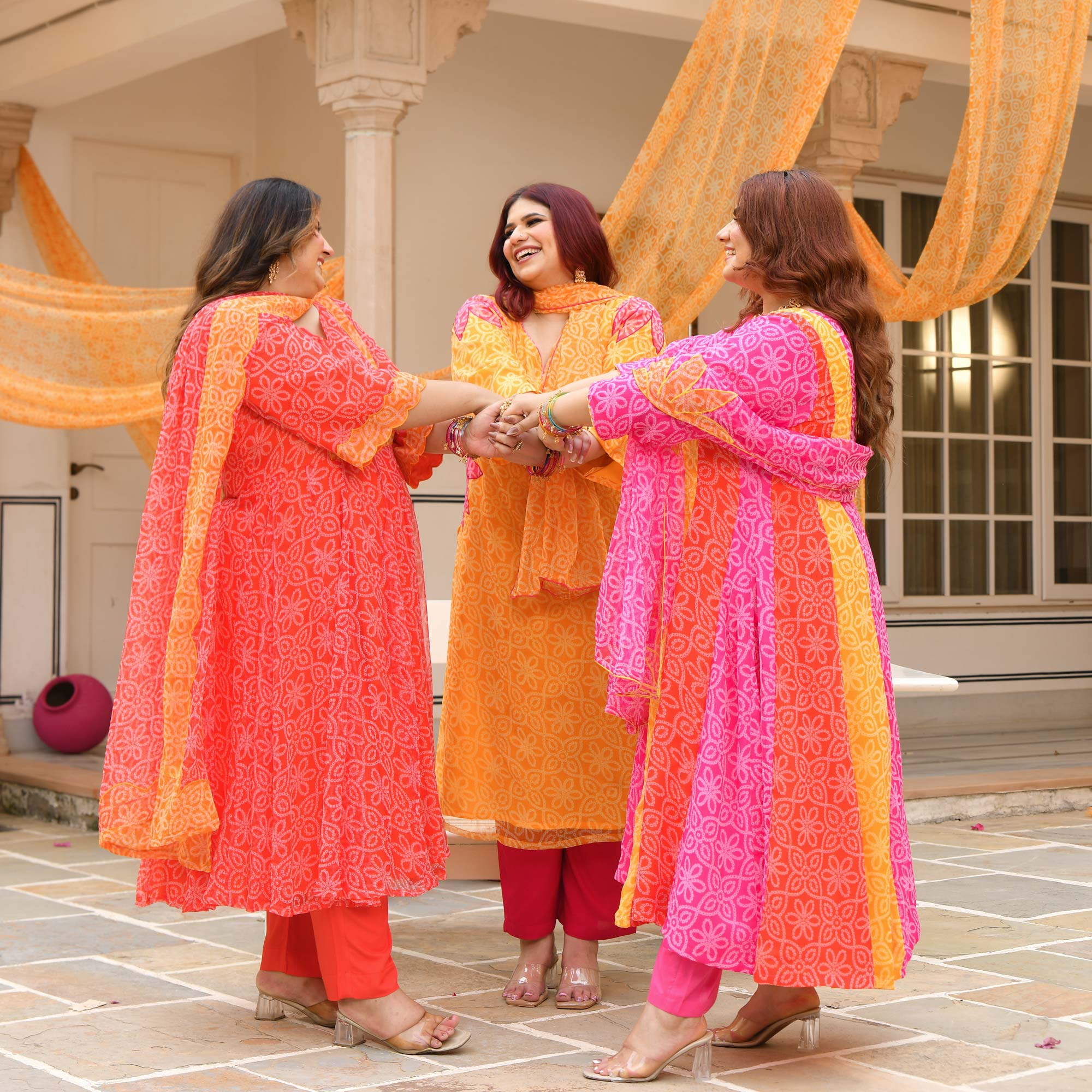 Tareefan- Yellow & Pink Bandhani Applique Chiffon Suit Set